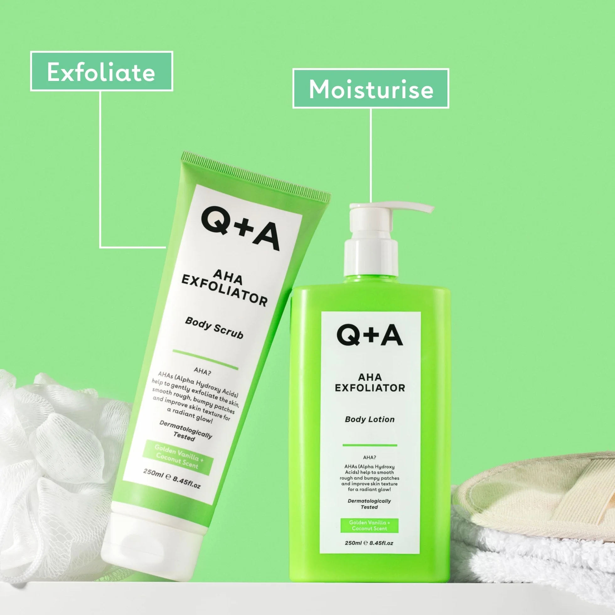 Q+A Peeling AHA do Ciała - Odnowa Skóry. Mieszanka kwasów AHA: kwasu mlekowego i glikolowego w połączeniu z eksfoliantami poprawia teksturę skóry i promuje jej miękkość i elastyczność, 250ml.