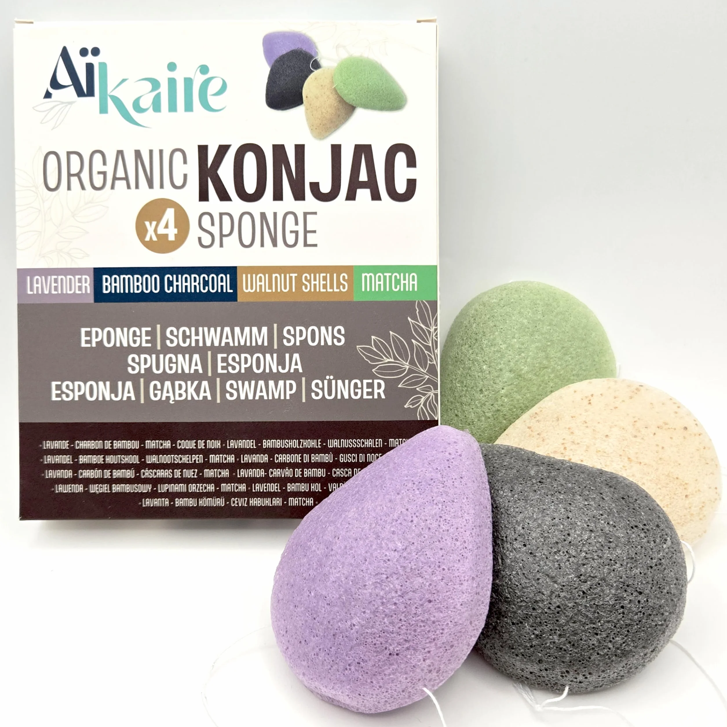 Organiczne gąbki Konjac do twarzy z zieloną herbatą, węglem, lawendą i łupinkami orzechów Zestaw 4 sztuk kropli
