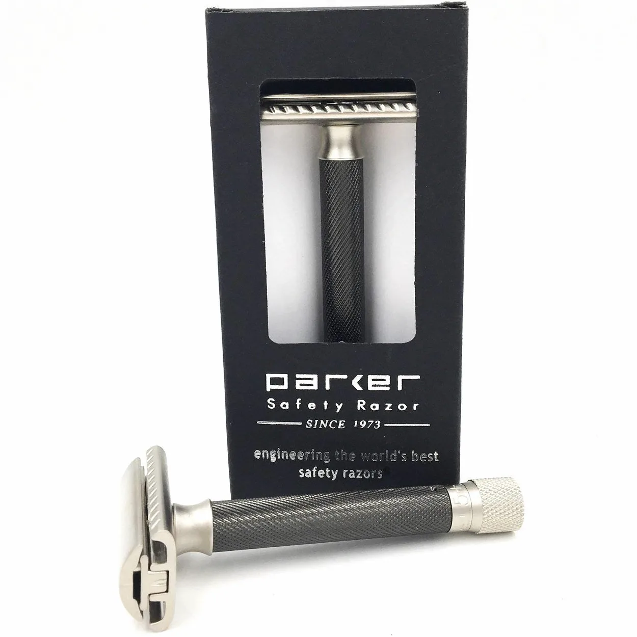 Parker Safety Razor, Regulowana maszynka do golenia z podwójną krawędzią – dostosuj ekspozycję ostrza za pomocą obrotu pokrętła, aby uzyskać łagodniejsze lub bardziej agresywne golenie (grafitowa)