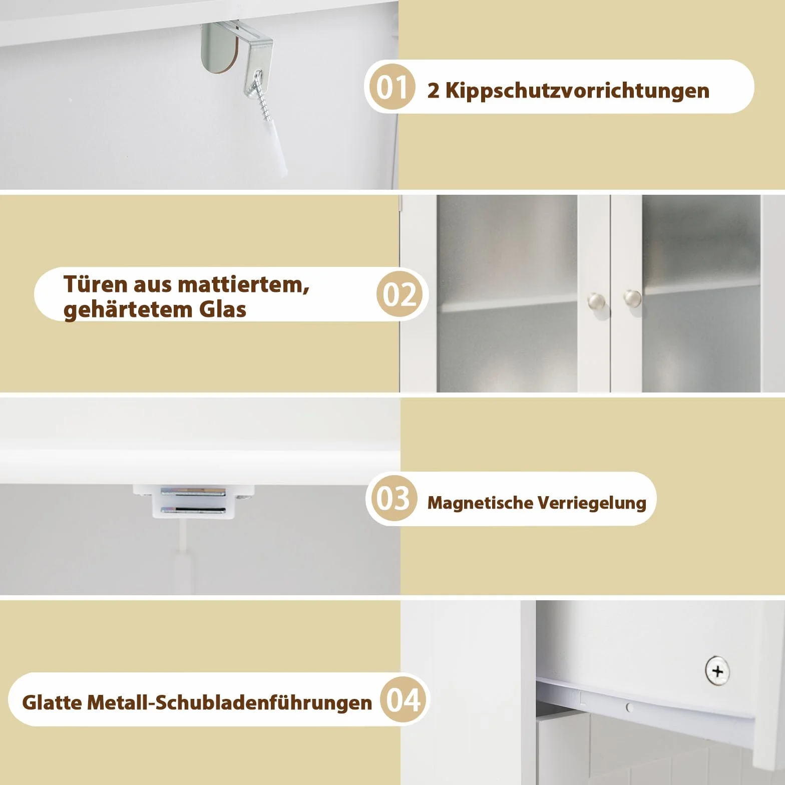 COSTWAY Drewniana szafka łazienkowa z 2 szufladami i 2 szklanymi drzwiami, regulowany regał, biała