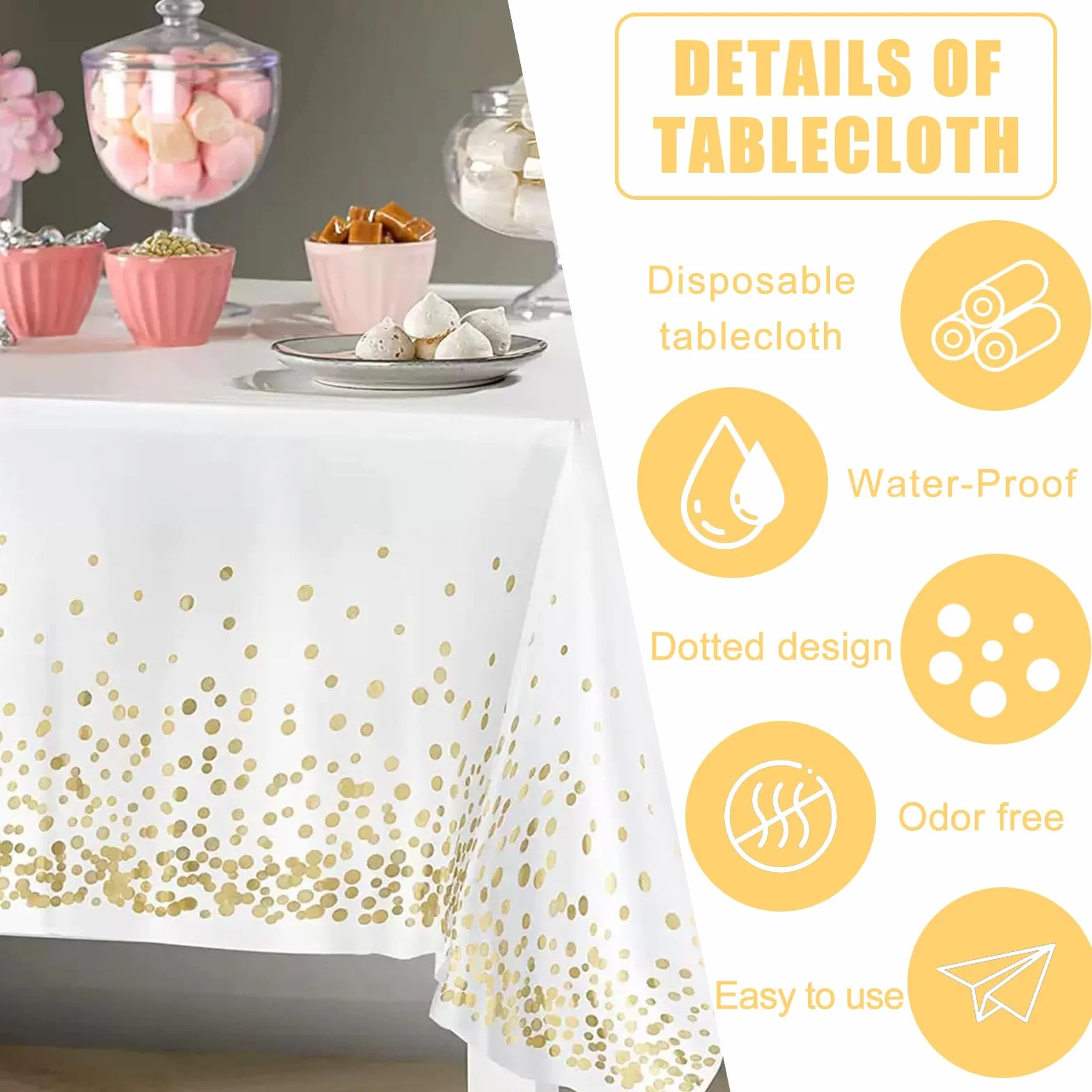 4-pak plastikowych jednorazowych obrusów, 137 x 274 cm, biały i złoty obrus imprezowy w kropki, na ślub, piknik, urodziny, baby shower, zaręczyny, artykuły świąteczne