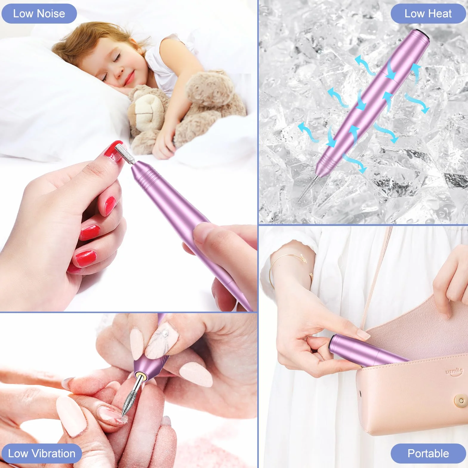 Elektryczne pilniki do paznokci, profesjonalna wiertarka do paznokci, 20000 obr./min, regulowana prędkość manicure, pedicure, zestaw z 6 wiertłami, niski poziom wibracji, niski poziom hałasu, elektryczna wiertarka do paznokci żelowych/akrylowych dla począ