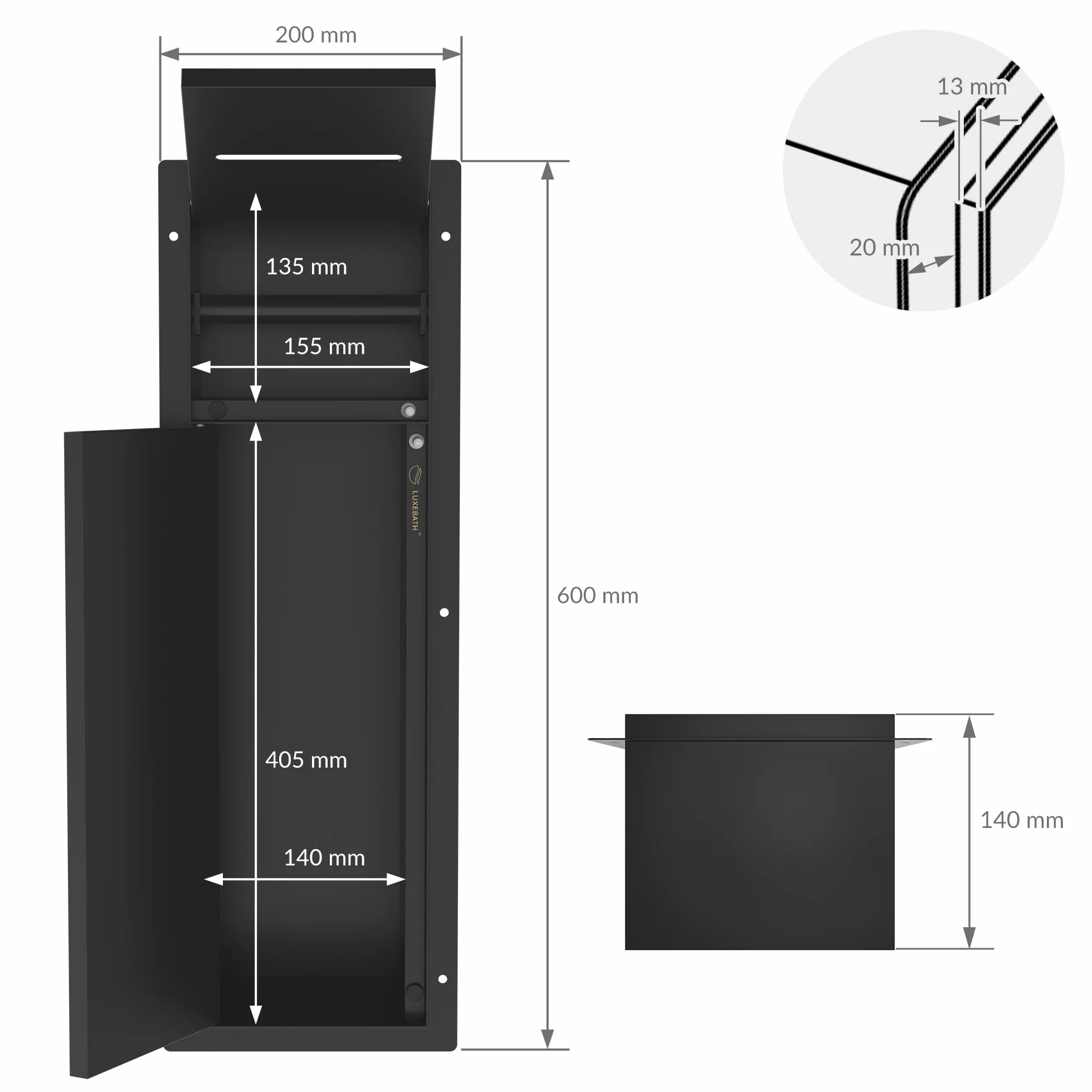 LuxeBath modul szafki podtynkowej ze stali nierdzewnej czarny 60x20x14 cm szafka lazienkowa z uchwytem na papier