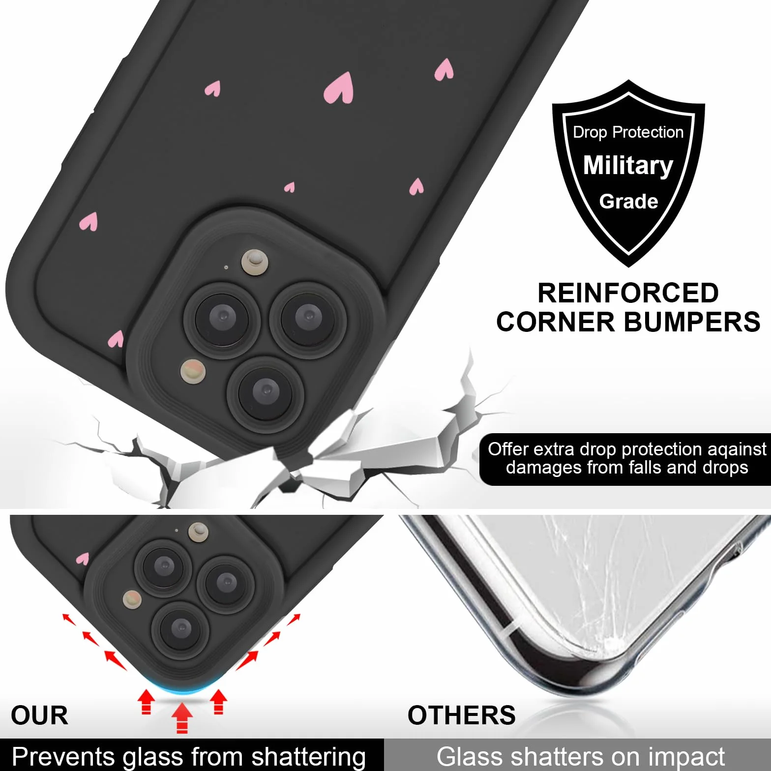 Smycz do iPhone 15 Pro Max 6,7 cala, estetyczne wzory serca ze sznurkiem naszyjnik pasek na ramię, cienki silikonowy zderzak, odporny na wstrząsy futerał ochronny do iPhone 15 Pro Max, czarny