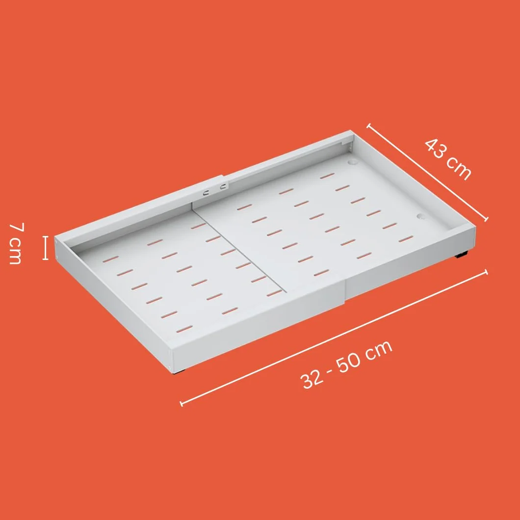 Teleskopowa szuflada kuchenna 42 cm regulowana szerokość 32-50 cm bez wiercenia wysuwana organizer biała