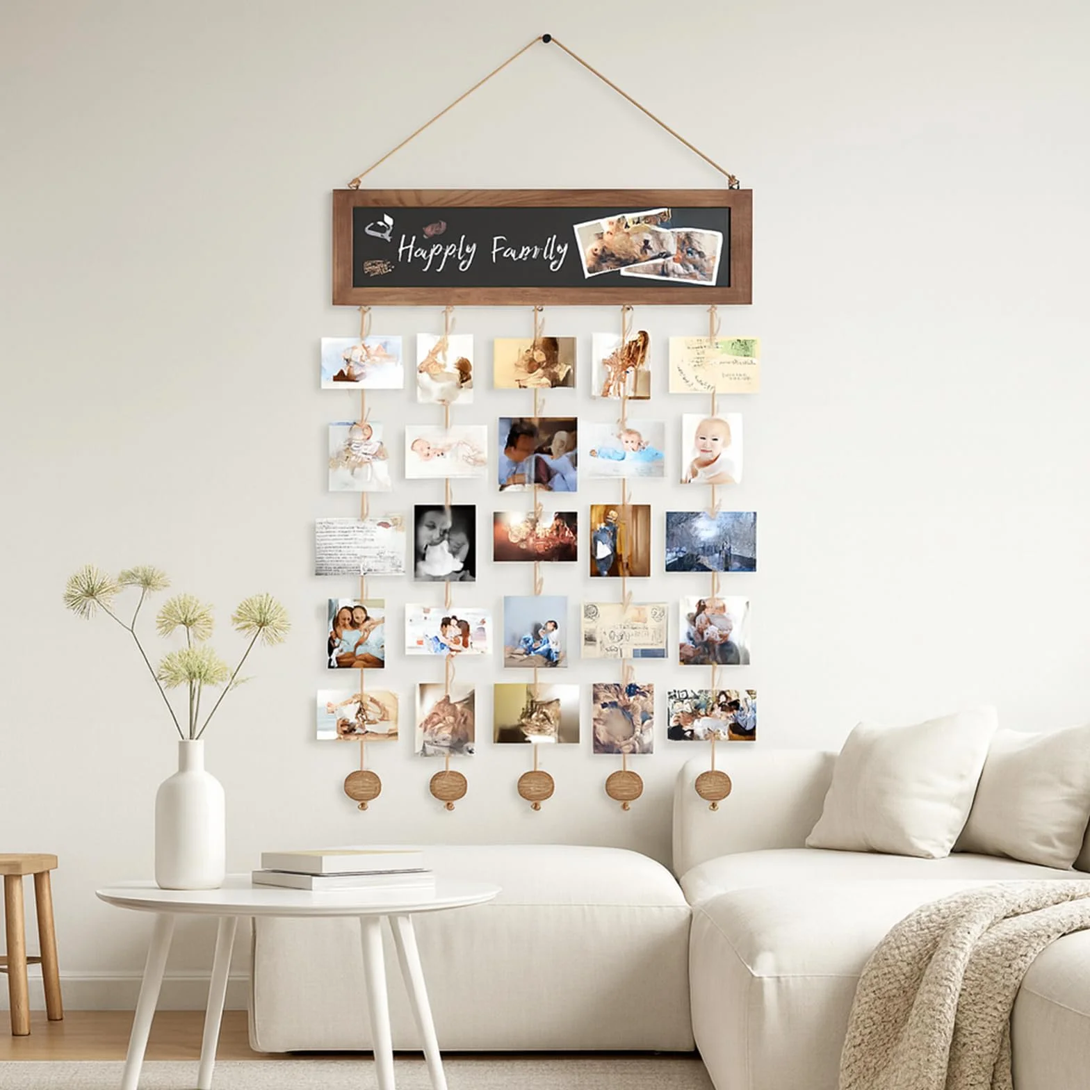 PANYI Ściana na zdjęcia z klamerkami z 30 małymi drewnianymi klamerkami i 3 magnesami, "zrób to sam", wisząca zasłona fotograficzna, dekoracja domu, urodziny, wesele, Boże Narodzenie
