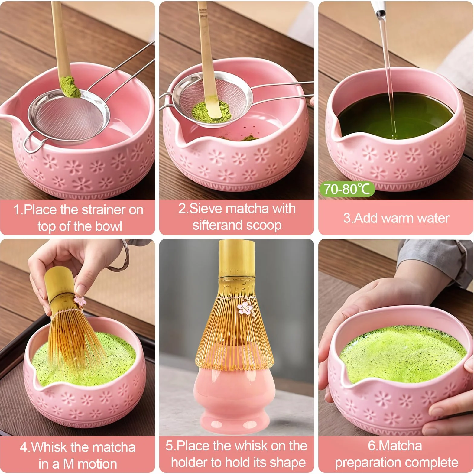 Zestaw matcha różowy 7-częściowy ceramiczny do herbaty z miotłą, miską, sitkiem