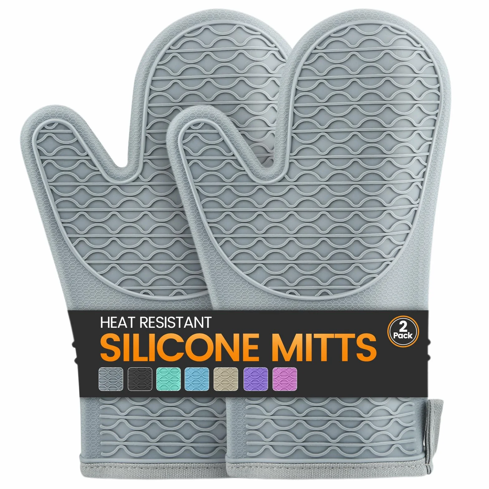 Silicone Oven Mitts Heat Resistant 2PCS with Soft Cotton Lining Waterproof Non-Slip Grip Kitchen Potholder 12.5 Inch Grey