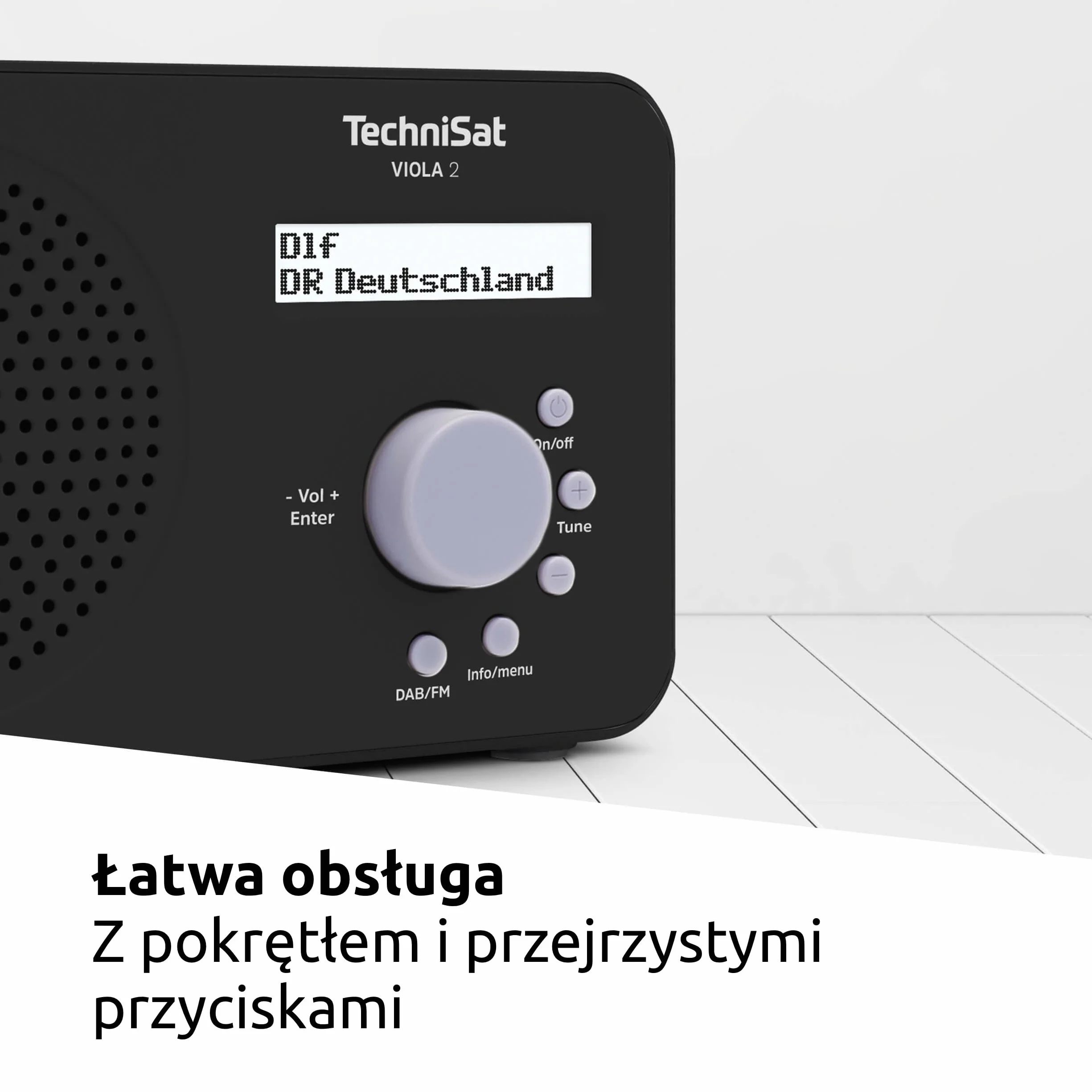 TechniSat VIOLA 2 - przenośne radio DAB (DAB+, FM, głośnik, gniazdo słuchawkowe, wyświetlacz dwuliniowy, sterowanie przyciskami, małe, 1 Watt RMS) czarne