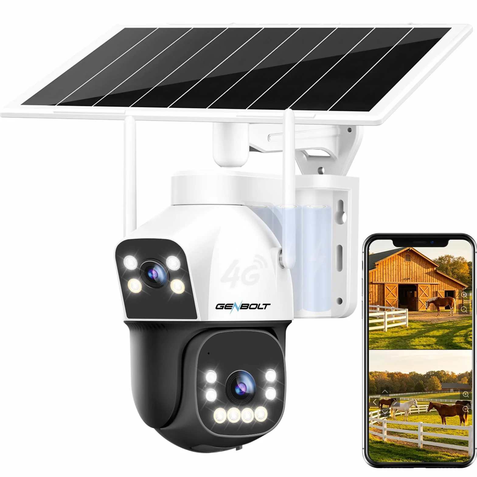 GENBOLT 4G AOV Kamera Zewnętrzna Solarna, Nagrywanie 24/7 3MP+3MP CCTV Zewnętrzna Kamera Monitoringu z wykrywaniem AI z kartą SIM, Kamera IP Zewnętrzna 8W 15600mAh, Automatyczne śledzenie