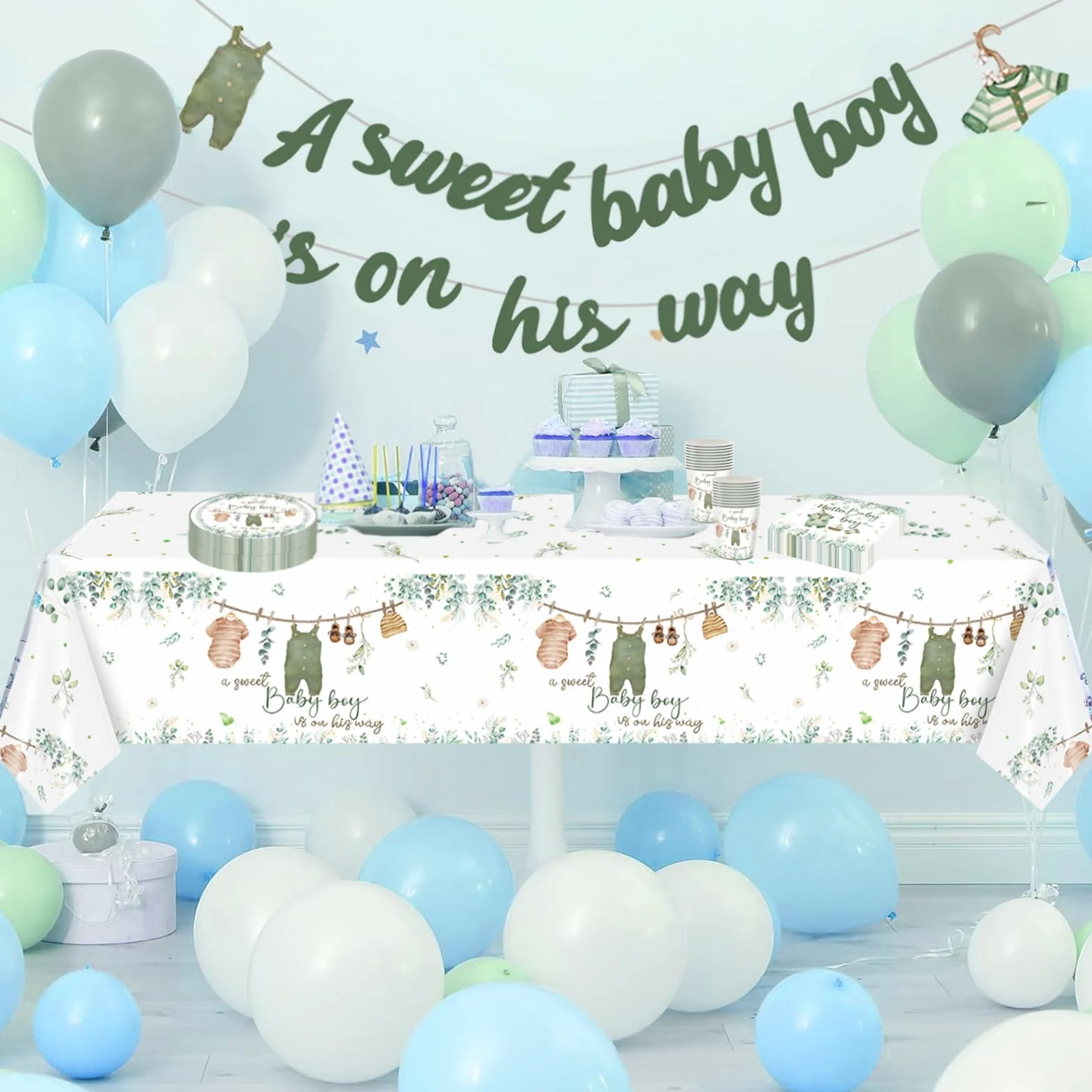 Zestaw zastawy stołowej baby shower dla chłopca szałwiowa zieleń 16 gości papierowe talerze serwetki kubki obrus banery
