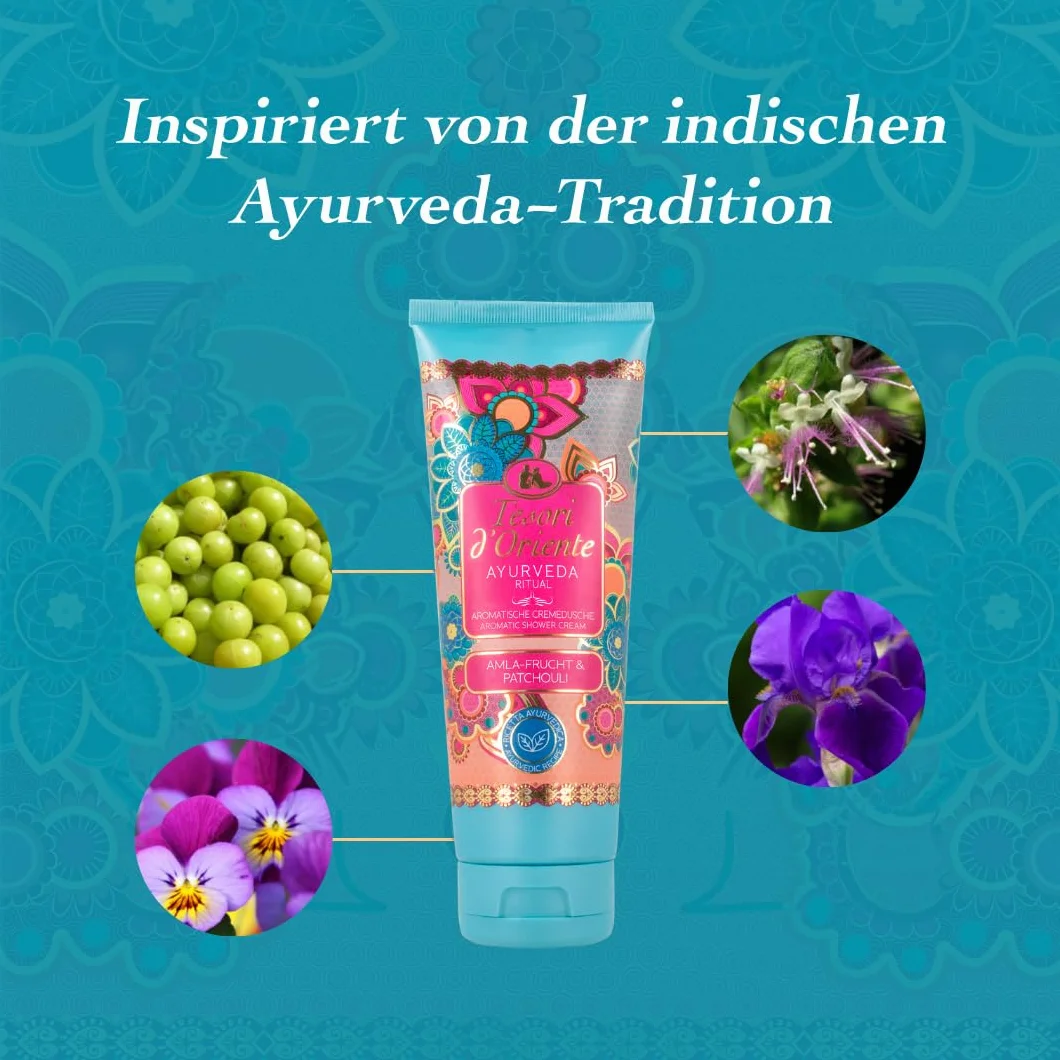 TESORI D'ORIENTE Kremowy żel pod prysznic "Ayurveda", 250 ml, aromatyczny żel pod prysznic z owocami amla i paczula, krem pod prysznic do pielęgnacji ciała, rytuał dla ciała i zmysłów