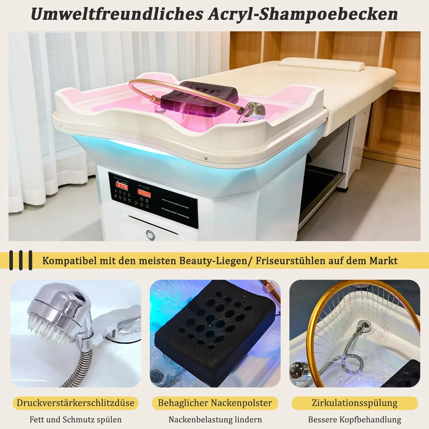 head spa umywalka, japońskie wyposażenie spa, mobilny szampon ze zbiornikiem na wodę 60 l, 4 uniwersalne kółka, miska do szamponu, kolor biały