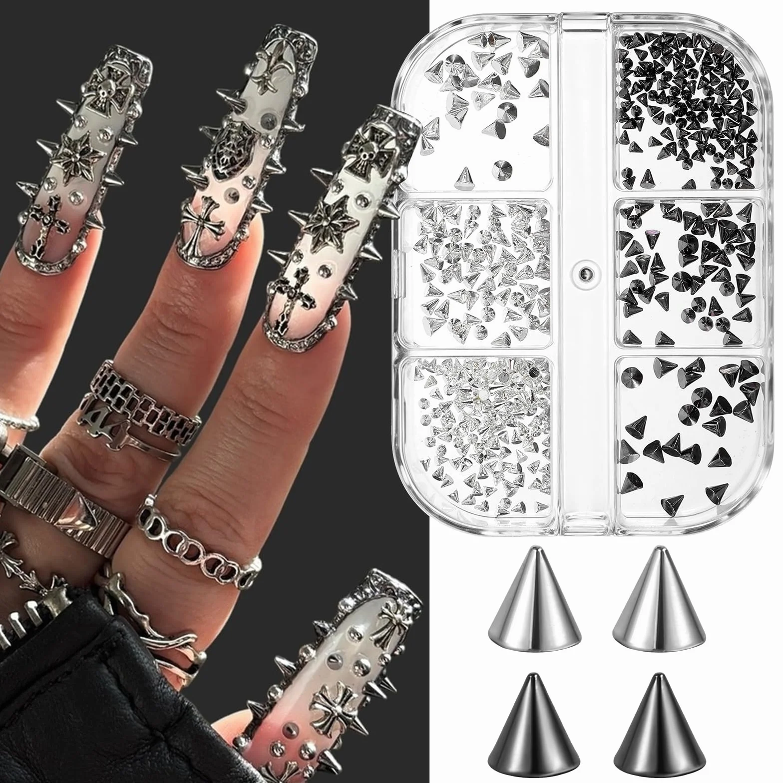 6 metalowych zawieszek na paznokcia/pudełko, punk, gotyckie, kolczyki na sztyfcie, mini stożek kolce do paznokci, ozdoby do paznokci 3D, zawieszki ze stopu, cyrkonie, akcesoria do stylizacji paznokci