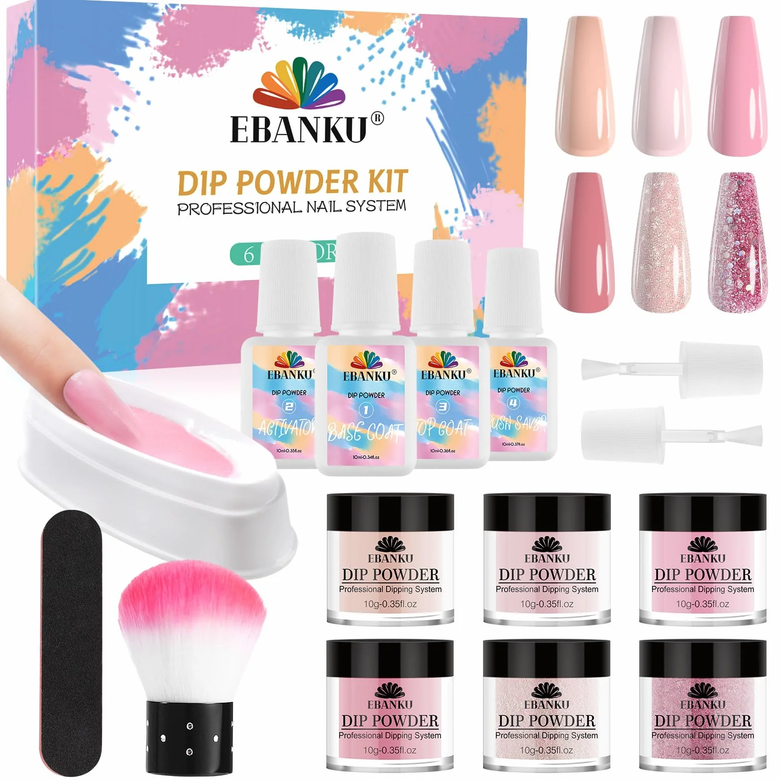 EBANKU 15 Częściowy Zestaw Zanurzania Pudru Paznokci - 6 Kolorów Nude Pink Brokatowy Proszek z Płynem, Baza, Warstwa Wierzchnia, Aktywator, Brush - Francuski Manicure