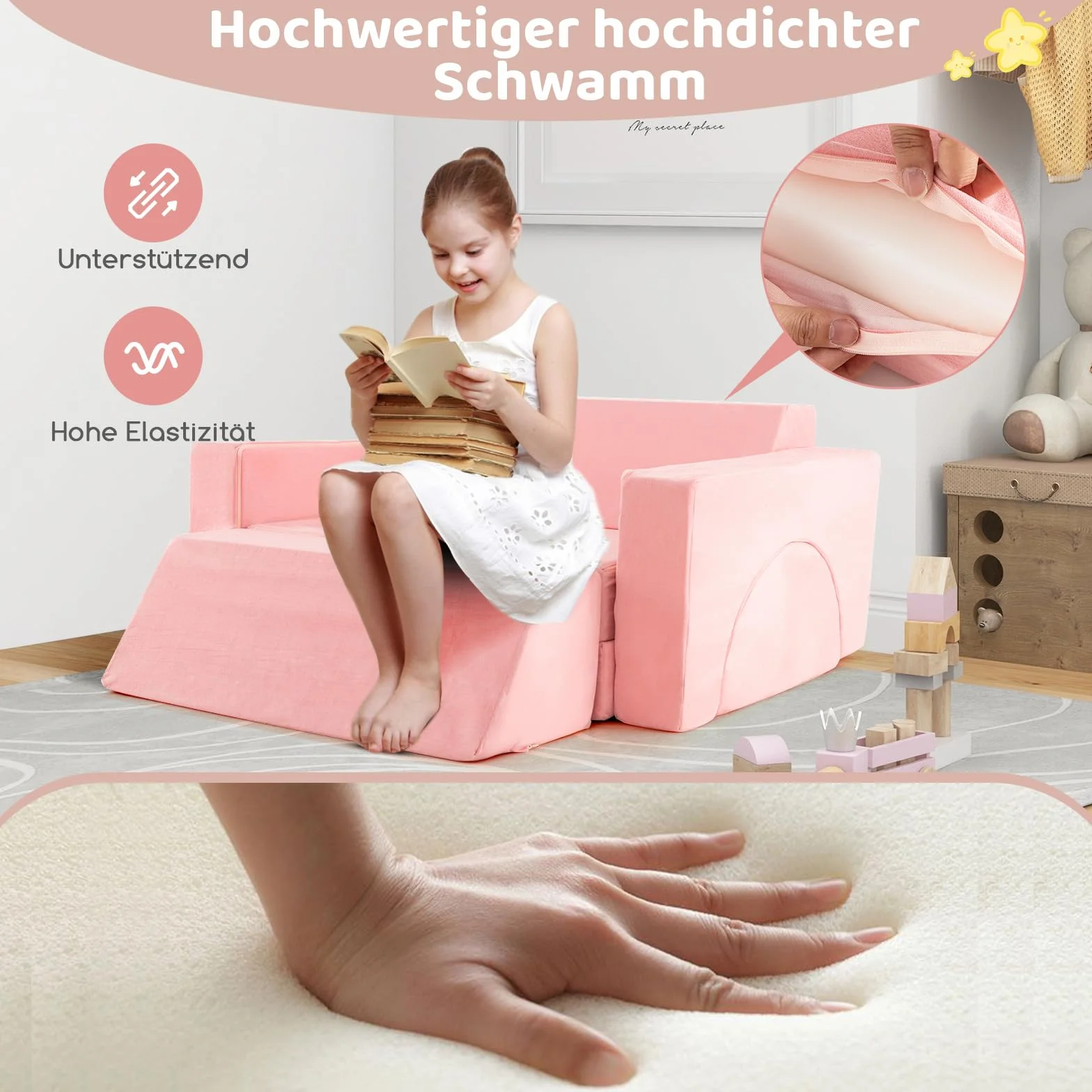COSTWAY Modułowa Sofa Dziecięca ze Zdejmowanym Pokrowcem, Kanapa dla Małych Dzieci do Pokoju Zabaw i Dziecięcego, Projektowania i Spania (Różowa)