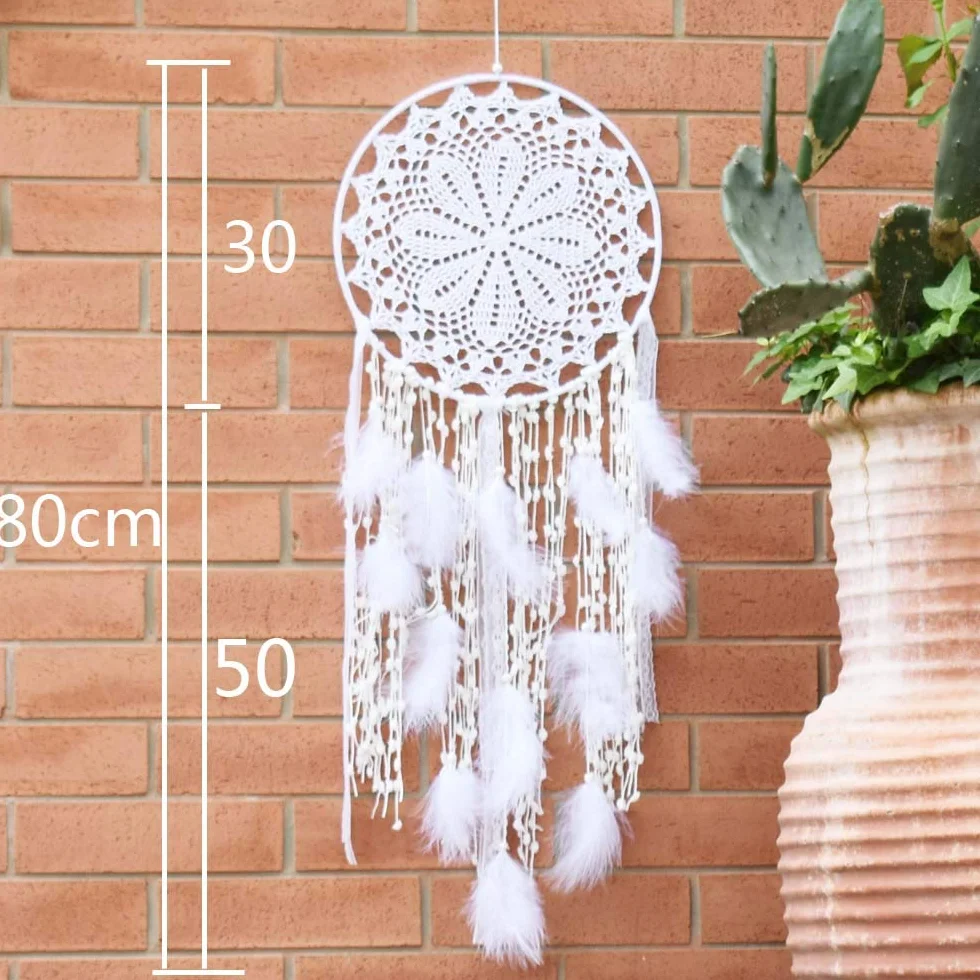 duży łapacz snów w stylu boho, z białymi piórami, makrama, ozdoba na ścianę na wesele vintage lub do dekoracji domu, okrąg 30 cm, długość 80 cm, biały