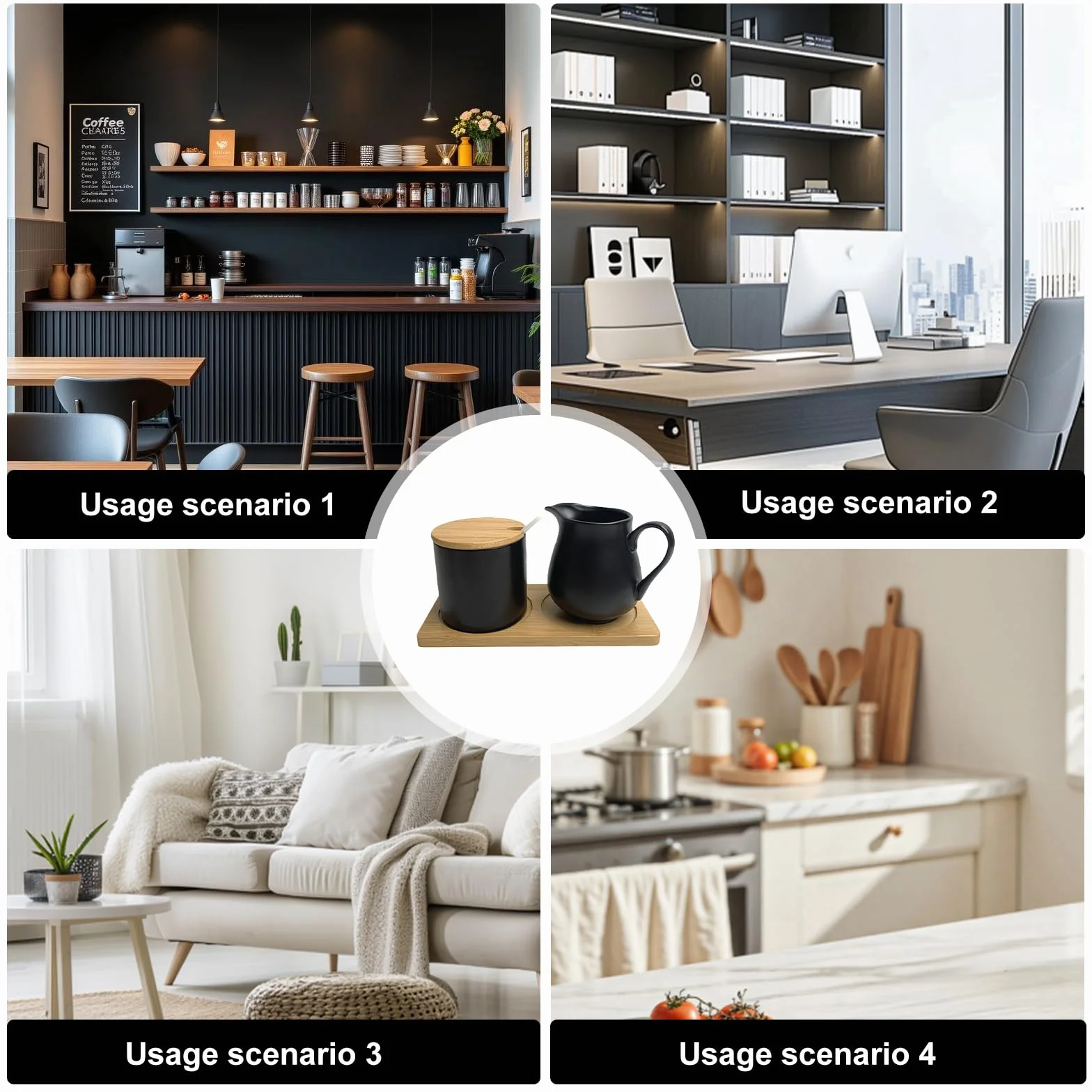 BAIFULAI Zestaw do mleka i cukru z pokrywką i łyżeczką, dzbanek na mleko czarny ceramiczny i cukiernica z drewnianą tacą, zestaw do cukru i mleka, ceramiczny dzbanek na śmietanę, pojemnik na mleko