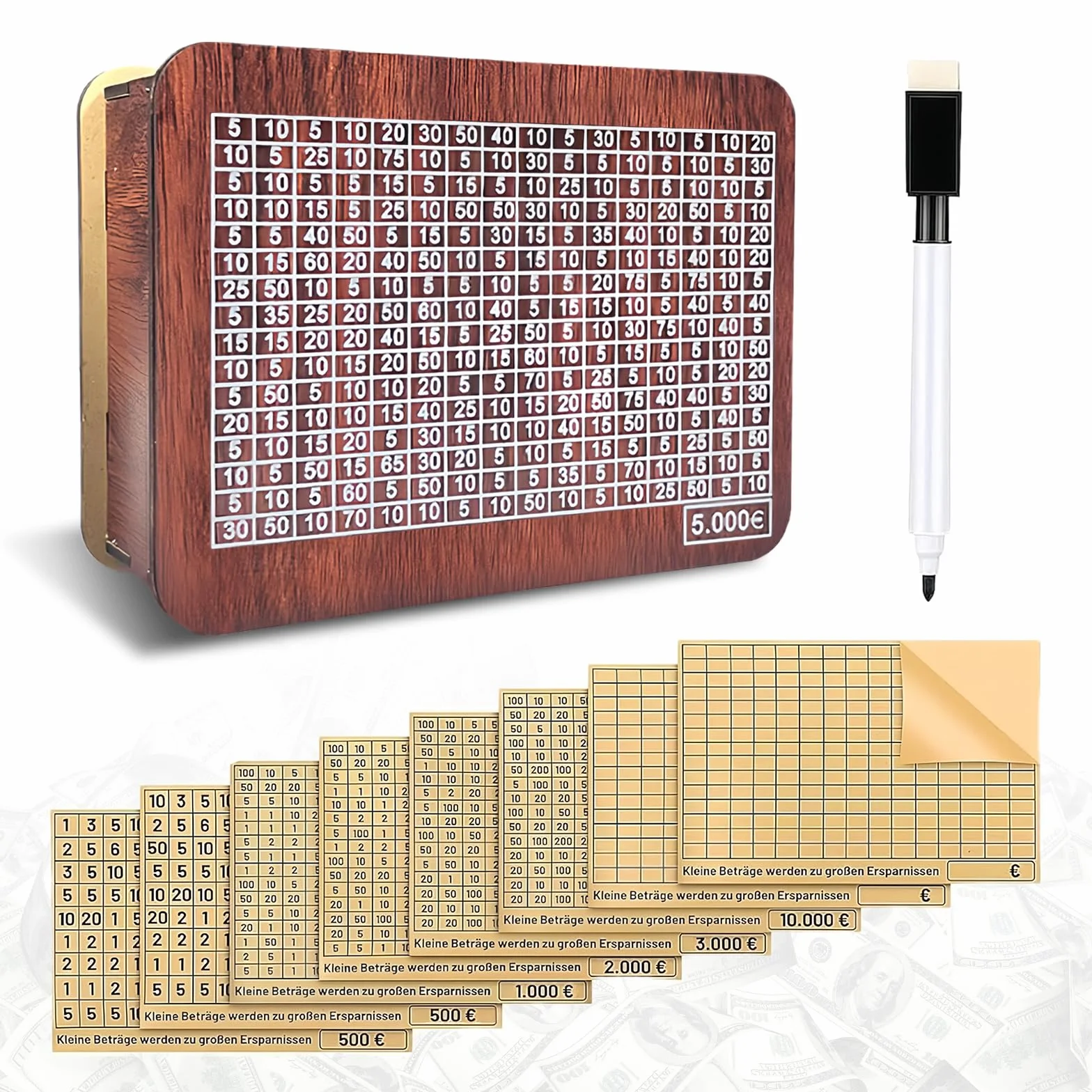 Flintronic Drewniana skarbonka w stylu retro z licznikiem i bramką oszczędnościową, skarbonka wielokrotnego użytku z różnymi ilościami naklejek dla dorosłych i dzieci