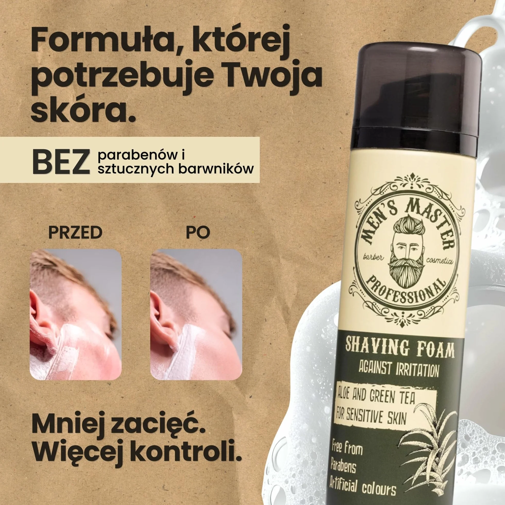 Nawilżająca pianka do golenia dla wrażliwej skóry z aloesem i zieloną herbatą, 200 ml