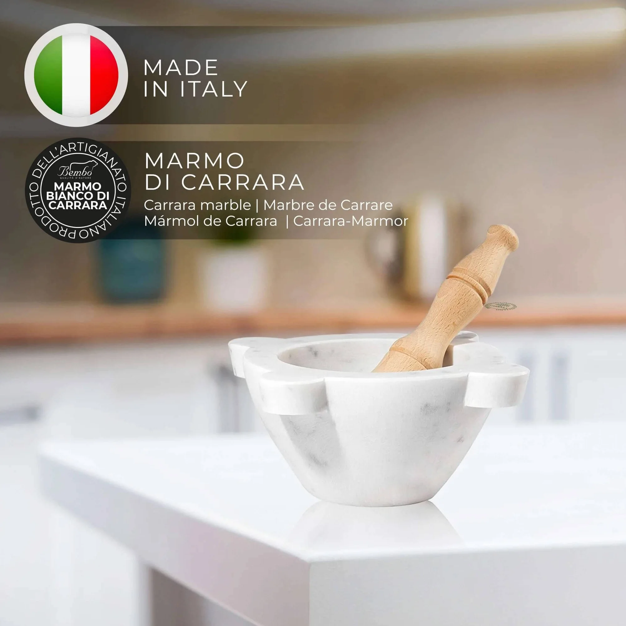 Moździerz z marmuru biały marmur Carrara z tłuczkiem Bembo – moździerz do pesto i przypraw – wyprodukowano we Włoszech – model z Genui (cm 20)