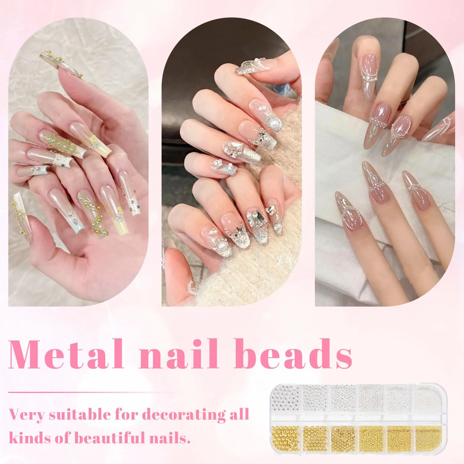 VelvetGlow Flatback koraliki i metalowe koraliki do paznokci, do zdobienia paznokci, małe okrągłe koraliki kawiorowe, akcesoria do paznokci akrylowych, dekoracji manicure (srebrne, złote)