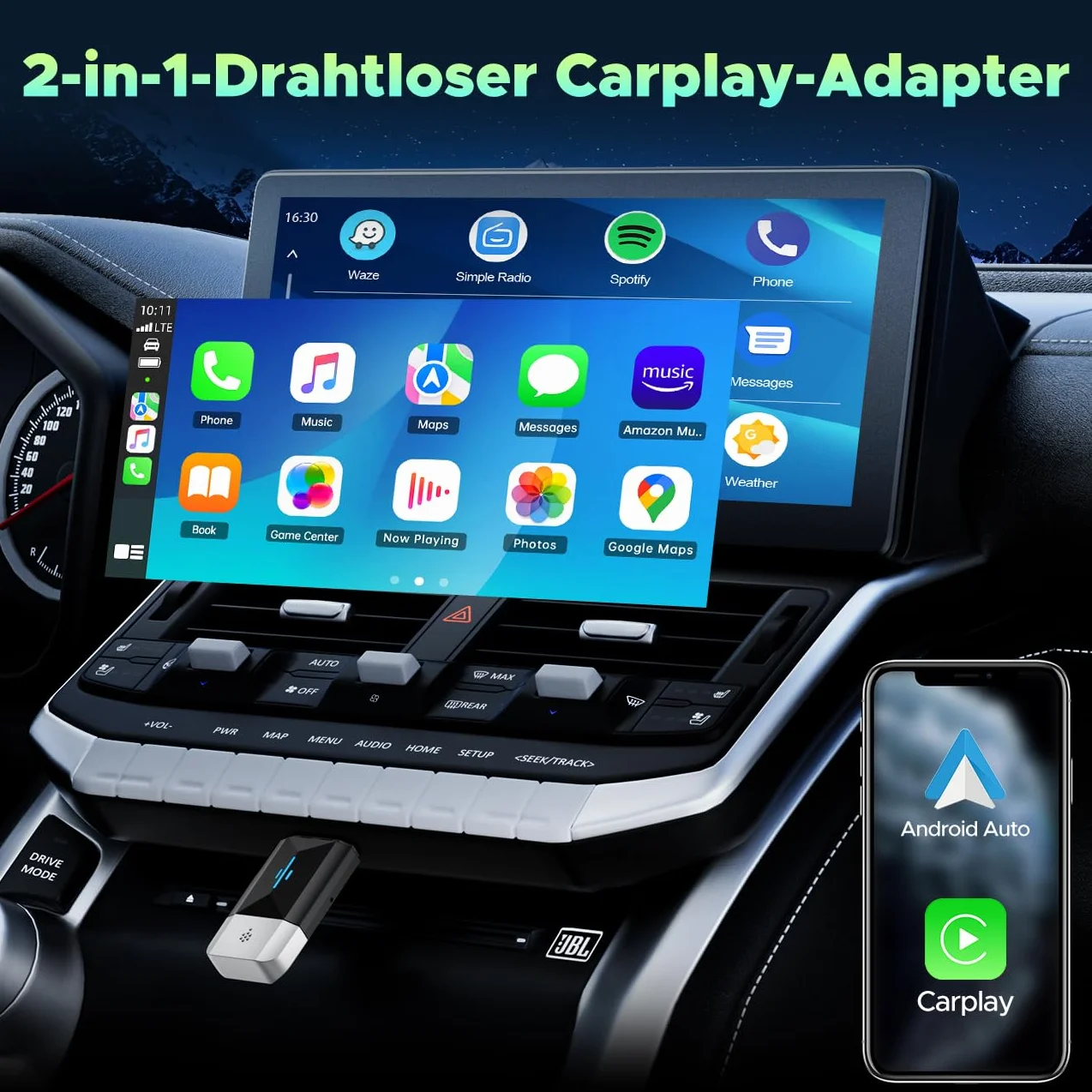 Lamto Carplay Adapter Android Auto 2 w 1 do CarPlay i Android Auto,Bezprzewodowy Klucz Sprzętowy CarPlay Konwertuje Połączenie Przewodowe na Bezprzewodowe, Plug&Play, Obsługuje iOS 10+ i Android 11+