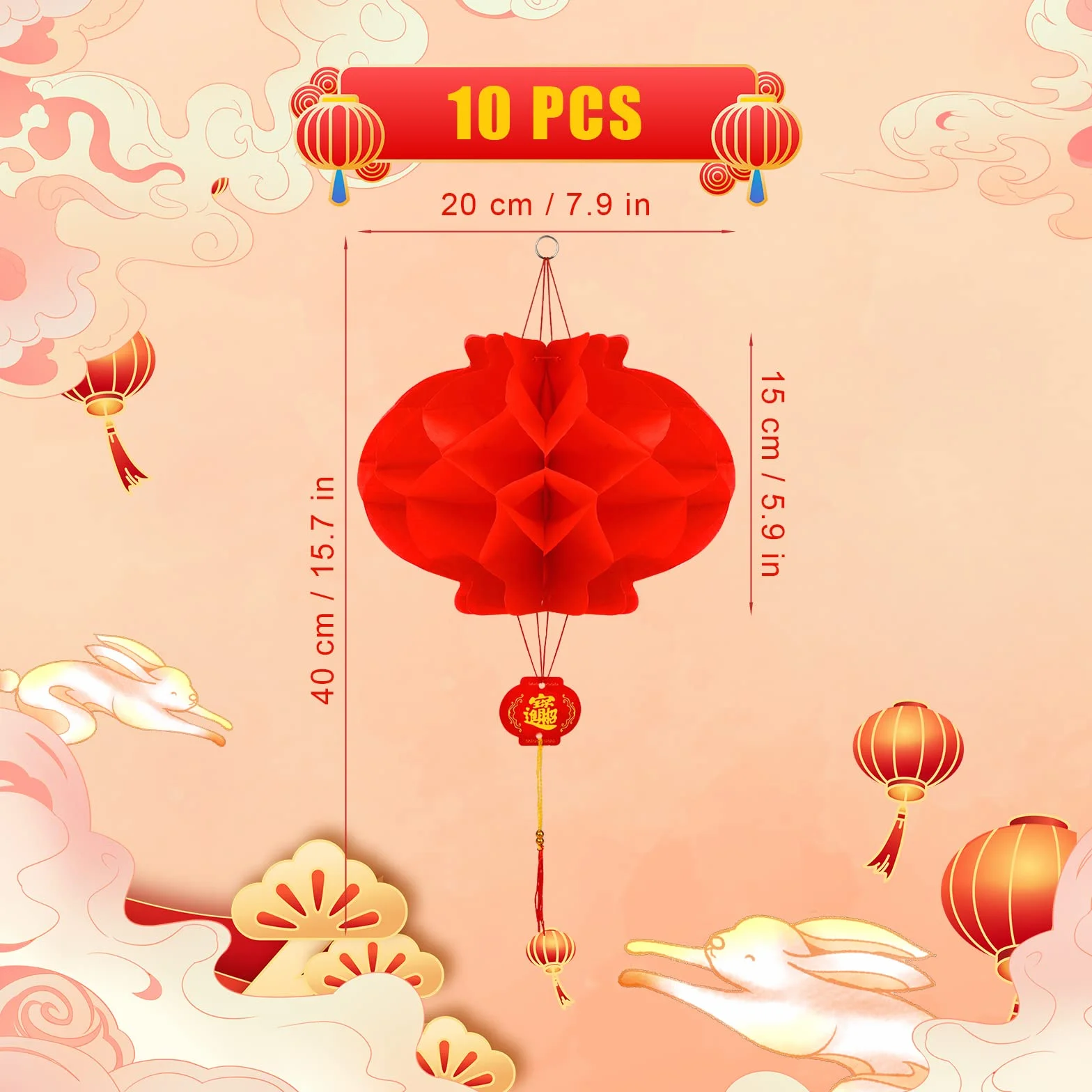 TOYMIS 10 sztuk Czerwone Chińskie Lampiony Ozdoby 40 x 20cm, Red Paper Lanterns “Fu” Dekoracja Festiwalowa na Chiński Nowy Rok Dekoracja na Festiwal Wiosenny
