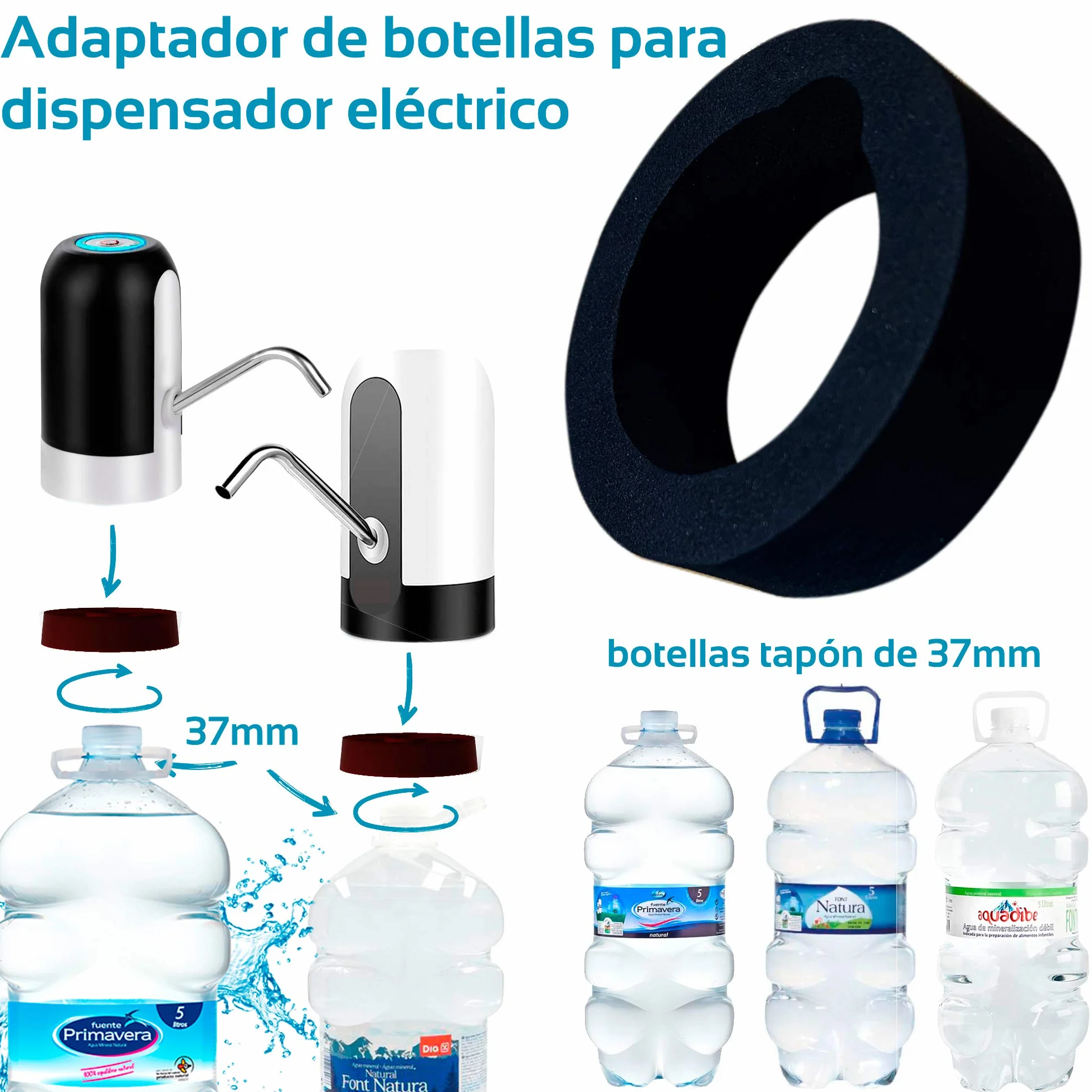 MovilCom® - Adapter do elektrycznego dozownika wody kompatybilny z butelkami 5, 6, 8, 10, 12 l, 37, 38 i 48 mm
