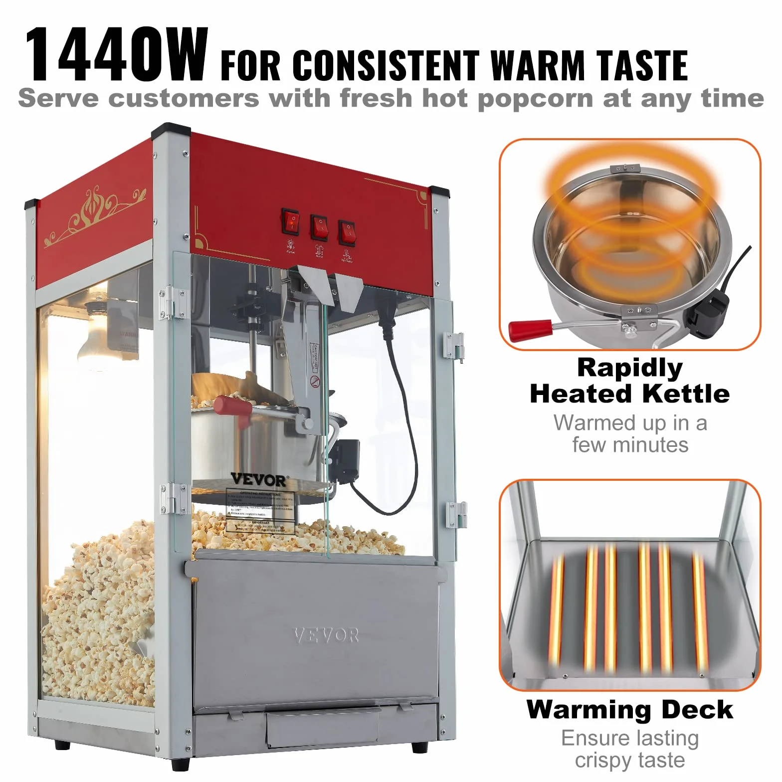VEVOR Maszyna do popcornu – maszyna do popcornu 1440 W, z kociołkiem o pojemności 12 oz, na maks. 80 filiżanek na ładowanie, z hartowanego szkła i 3 łopatkami ze stali nierdzewnej