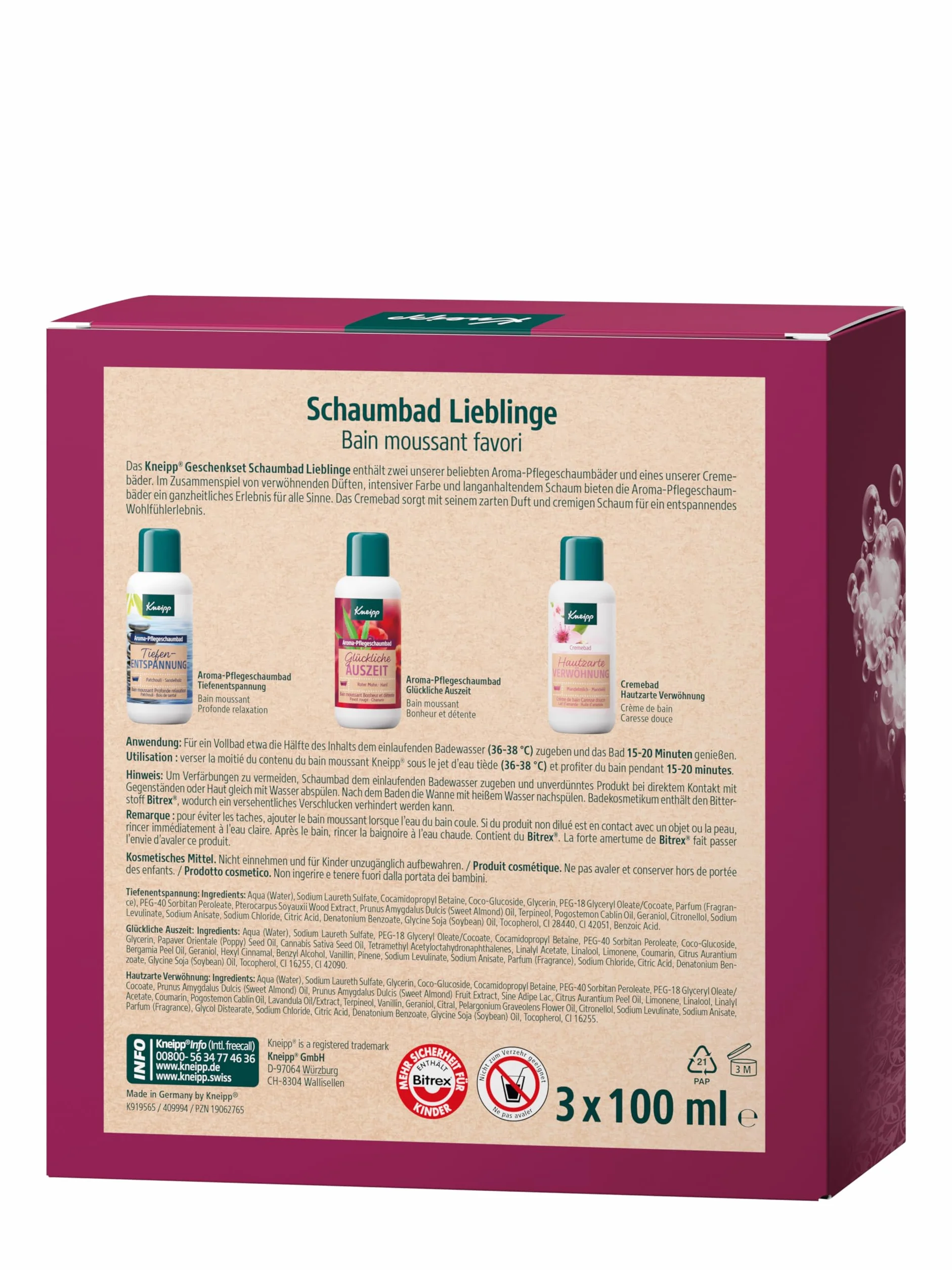 Kneipp Zestaw upominkowy do kąpieli w piance ulubieńców – opakowanie prezentowe z 3 popularnymi dodatkami do kąpieli firmy Kneipp – zawiera 2 x aromatyczna kąpiel pielęgnacyjna i 1 x kąpiel kremowa po
