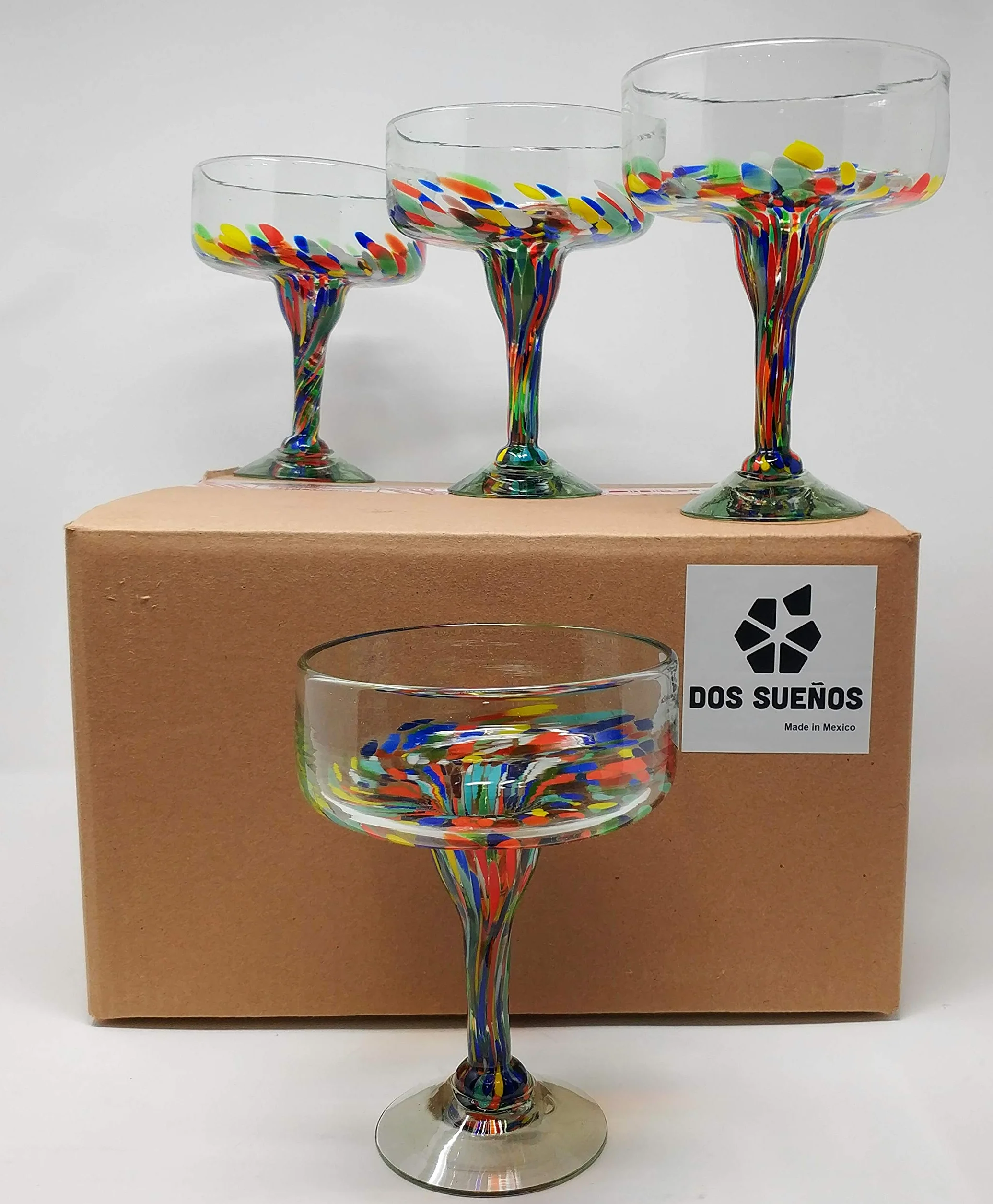 Mexikanisches mundgeblasenes Glas - 4er Set mundgeblasene Margarita-Gläser Konfetti Carmen (16 oz)