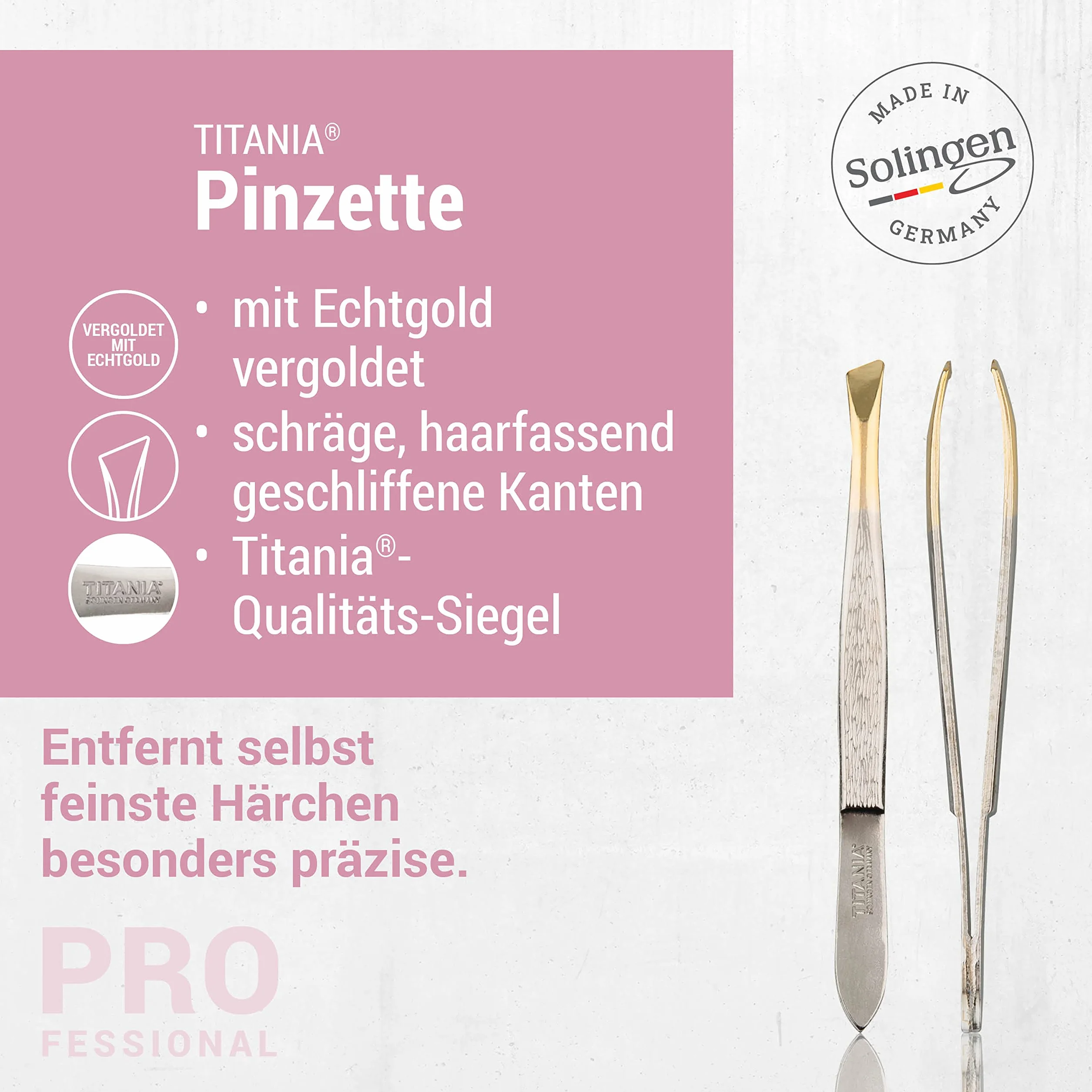 TITANIA Pęseta z Solingen (8 cm) • Made in Germany • Pęseta do brwi do wyrywania • Ścięta końcówka do precyzyjnego chwytania • pozłacana końcówka