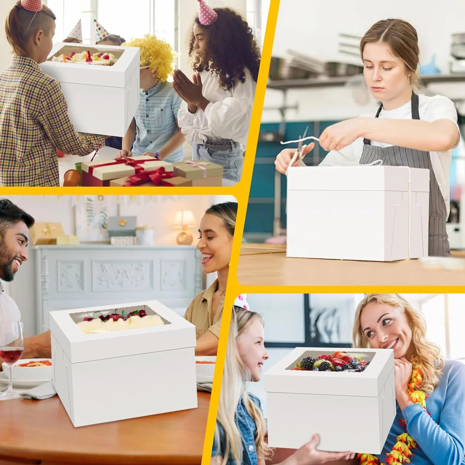 10 sztuk pudełka na tort, pudełka na torty, wysokość 25x25x20 cm, pudełka na ciasta, pudełka na transport tortów, białe pudełka na torty z oknem i 10 okrągłych desek do ciast, 1 rolka wstążki