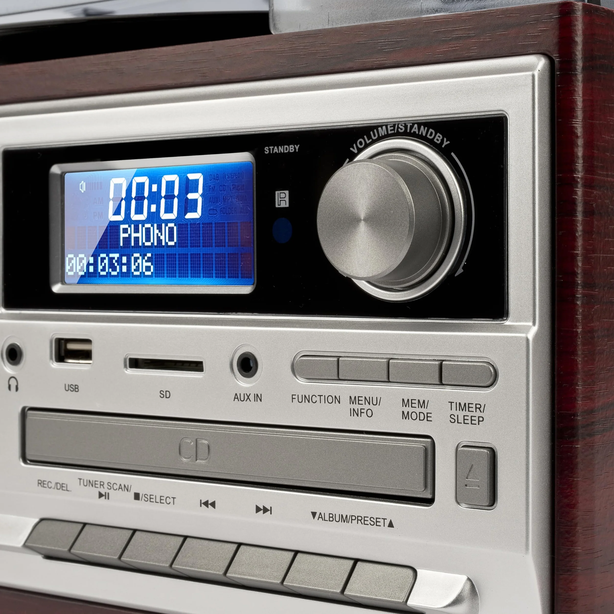 Trevi TT 1072 DAB, 33, 45 i 78 RPM winylowy gramofon, bezprzewodowy odtwarzacz winylowy, odtwarzacz CD i MP3, USB i SD, 25 W, radio cyfrowe DAB/DAB+ FM, gniazdo słuchawkowe, głośnik Bassreflex, drewno