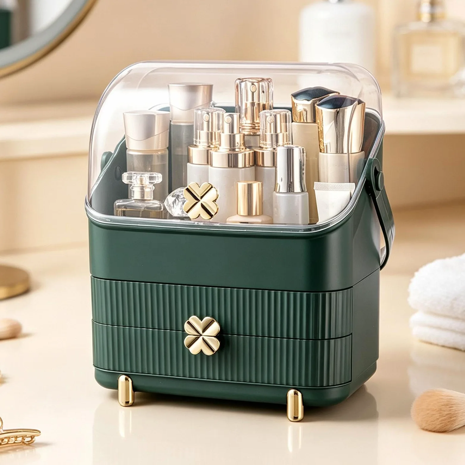 Organizer Makijażowy Na Blat Pojemnik Na Perfumy I Pędzle | Wodoodporny Pyłoszczelny Duży Organizer Na Makijaż Z Przezroczystą Pokrywą Do Toaletki, Biurka, Łazienki, Kuchni