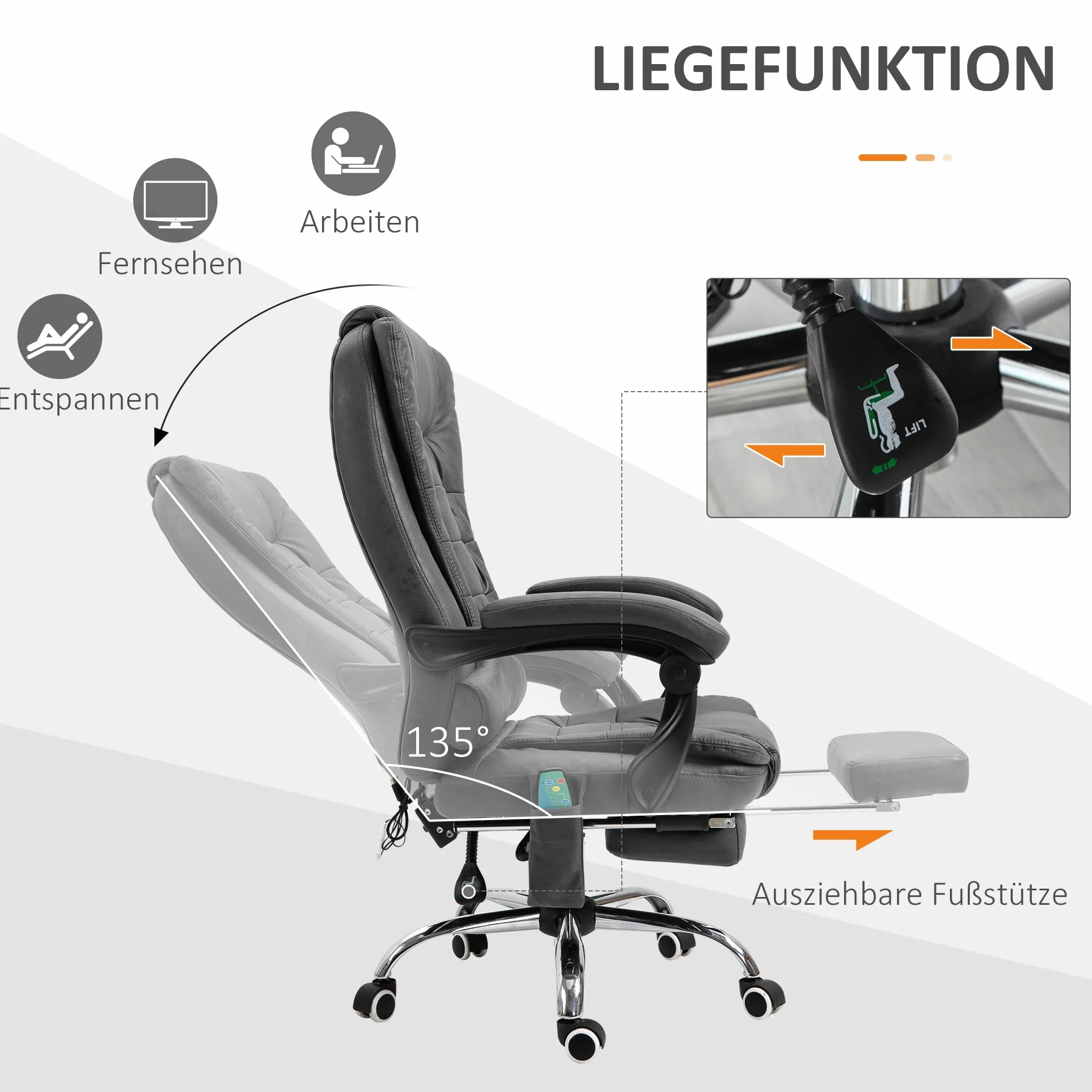 Vinsetto Ergonomiczne krzesło biurowe z masażem, ogrzewaniem, podnóżkiem, regulacja wysokości, szare