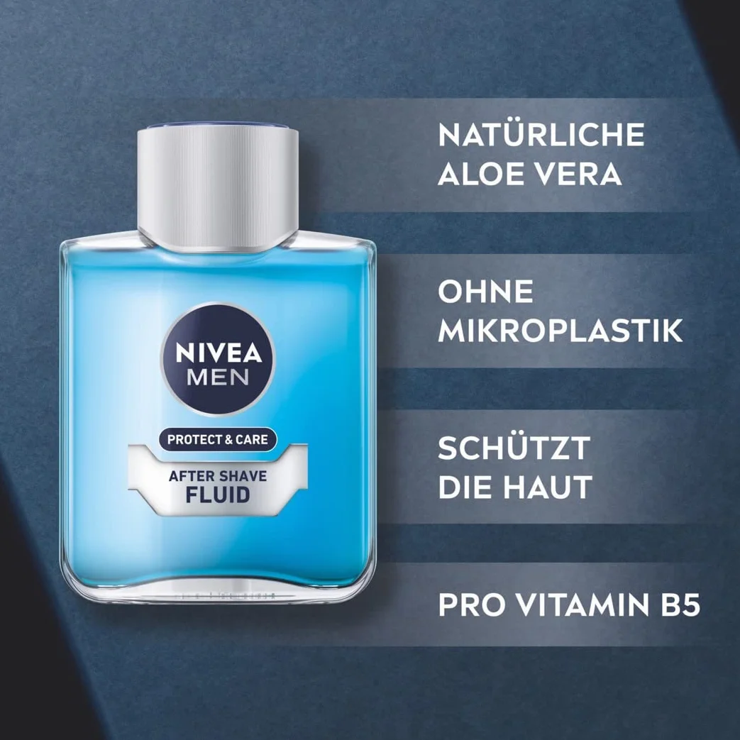NIVEA Men Protect & Care After Shave Fluid (100 ml), uspokajający płyn po goleniu dla mężczyzn, pielęgnacja skóry po goleniu z aloesem i witaminą Pro B5