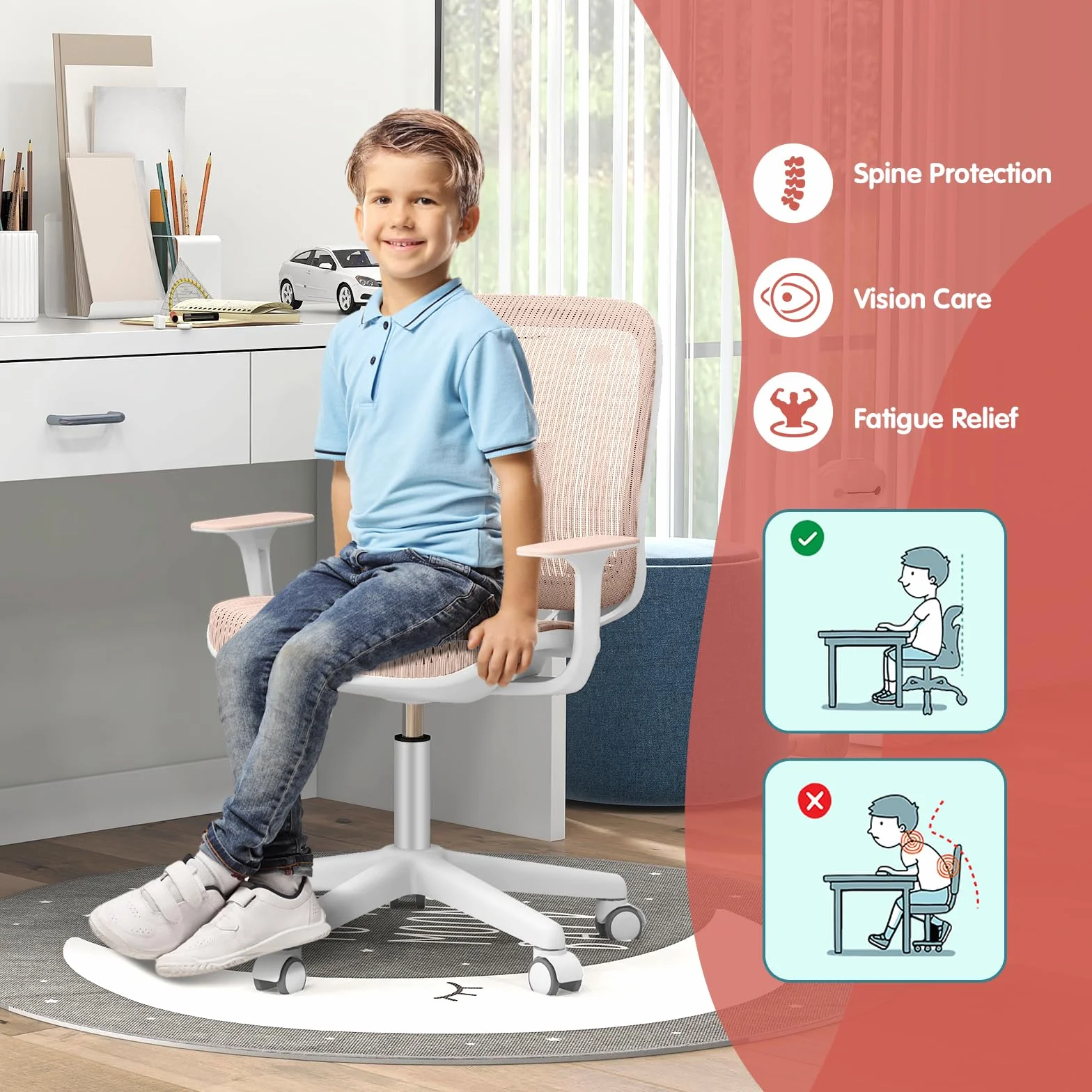 LIFEZEAL Wyściełane krzesło biurkowe dla dzieci, obrotowy fotel dla dzieci, krzesło do biurka z regulacją wysokości od 80 do 92 cm, ergonomiczne krzesło dla dzieci do nauki, maks. 75 kg (różowe)