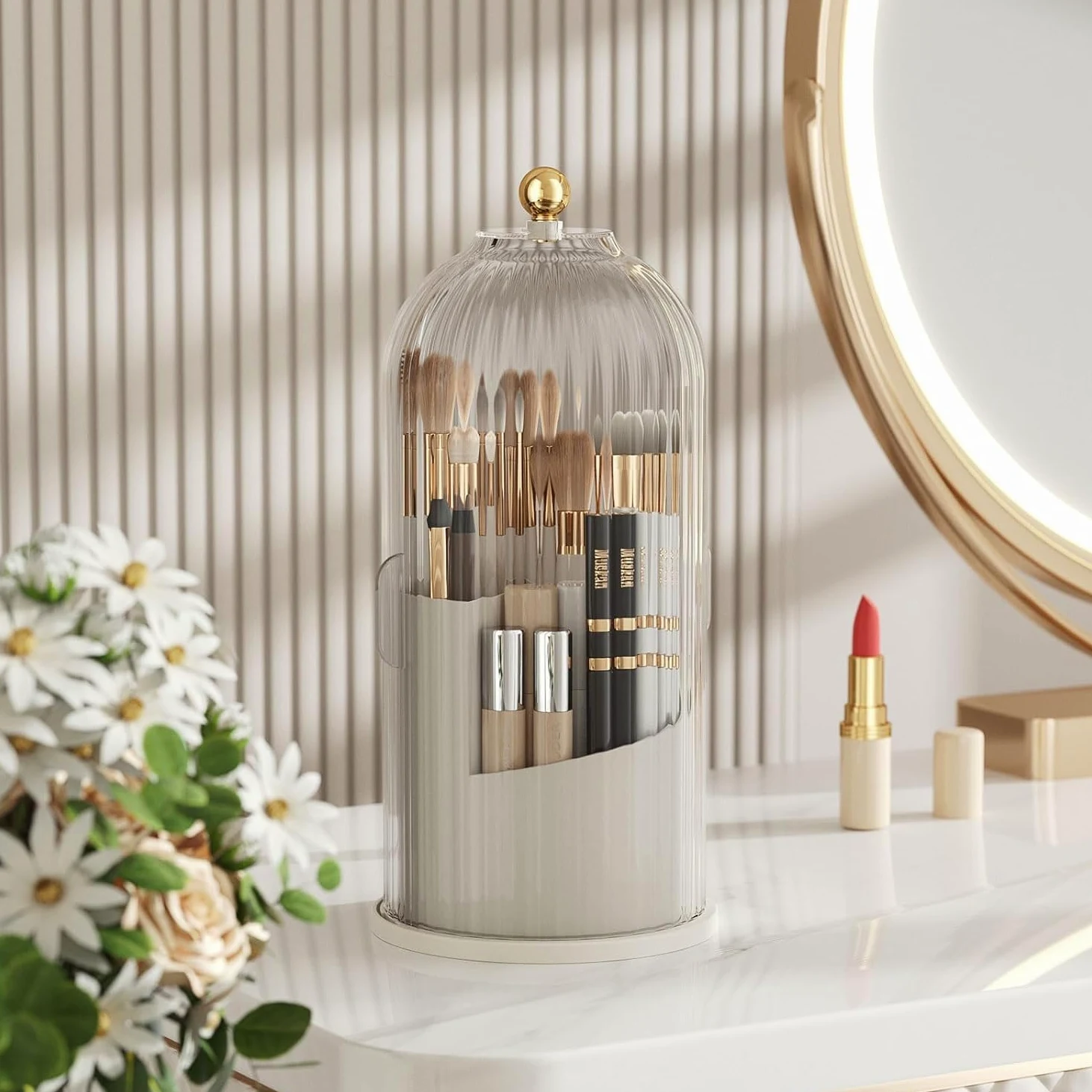 Organizer na Kosmetyki 360-stopniowy Obrotowy Uchwyt Na Pędzle Do Makijażu Z Pokrywką Przezroczysty Organizer Na Pędzle Do Makijażu Do Łazienki Na Biurko Vanity Organizer do Makijażu Sypialni(A)