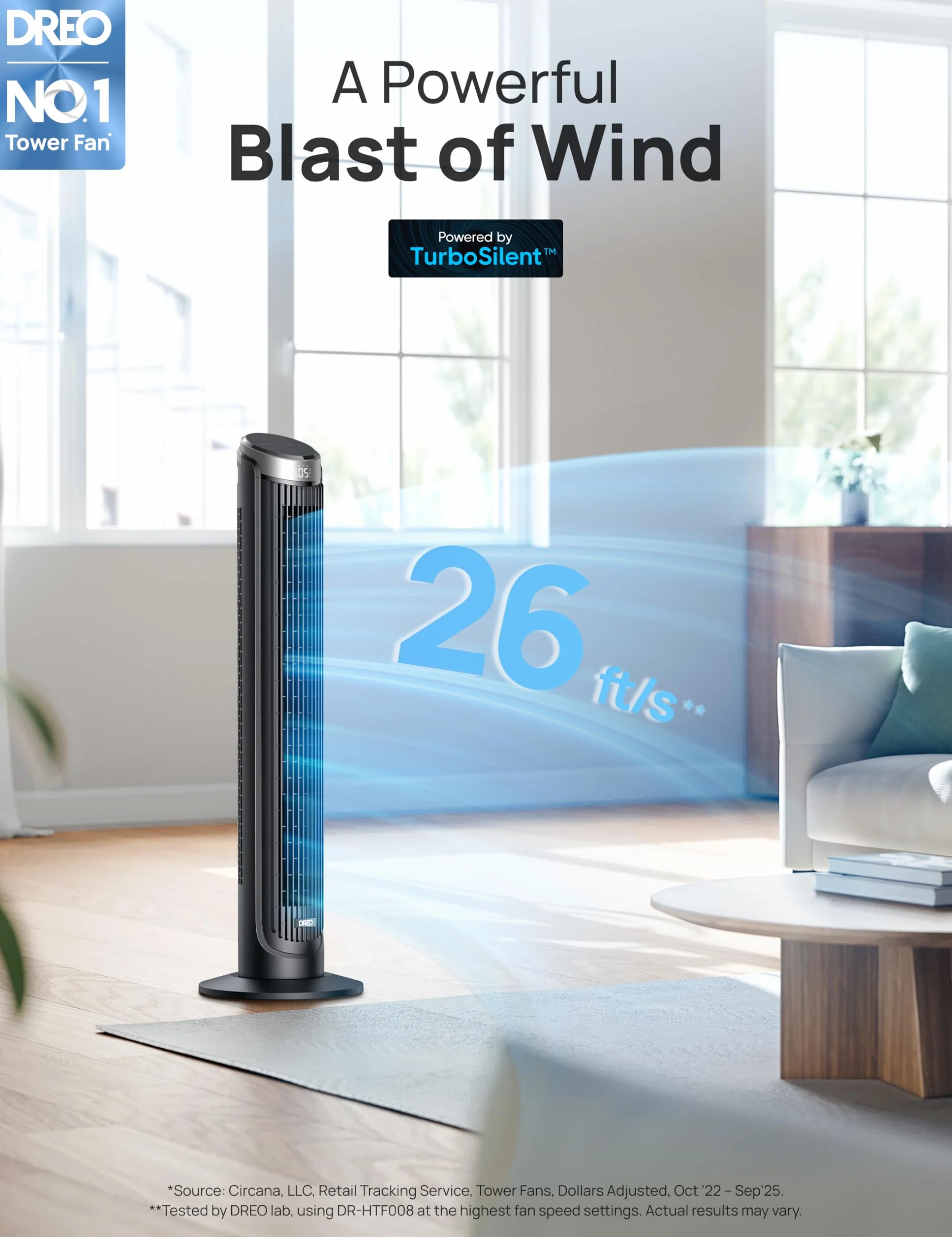 Dreo torenventilator met afstandsbediening 28dB 7,9 m/s 90° oscyllerend stille koeling 3 modi 12 uur timer LED vloer ventilator