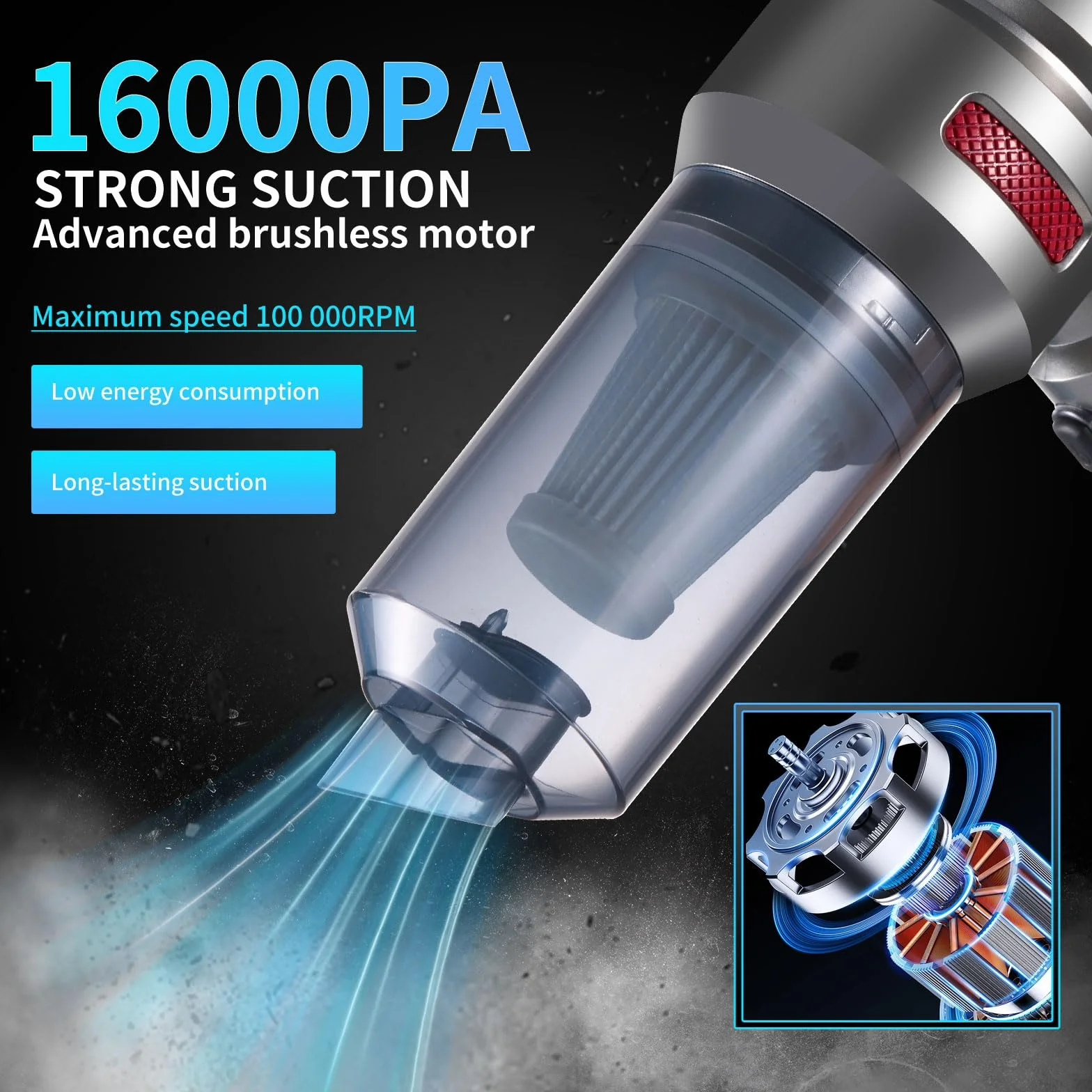 Bezprzewodowy odkurzacz ręczny 16000Pa 6000mAh 3 filtry USB