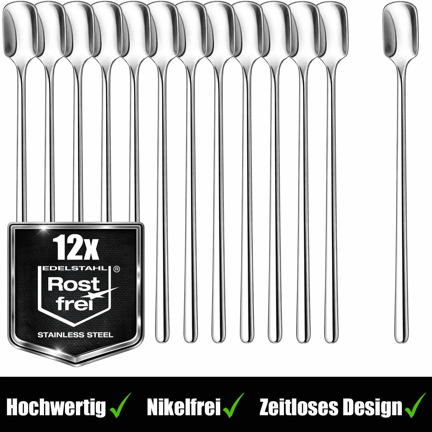 COM-FOUR® 12-częściowy zestaw łyżek - łyżka do mieszania z długim uchwytem, łyżka do resztek, łyżeczka do kawy, łyżka deserowa, łyżka koktajlowa (12 sztuk, łyżki do mieszania 17cm)