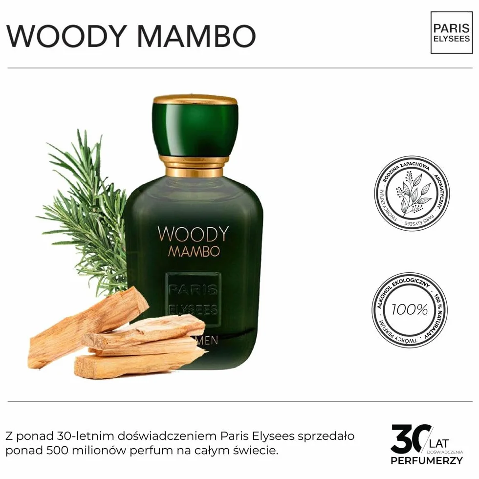 PARIS ELYSEES - Woody Mambo - Eau de Toilette - Perfum Mężczyzna - Aromatyczny - Nuty wody morskiej, lawendy i mięty - Atomizer 100ml - Zawiera metalowy flakon podróżny 5ml