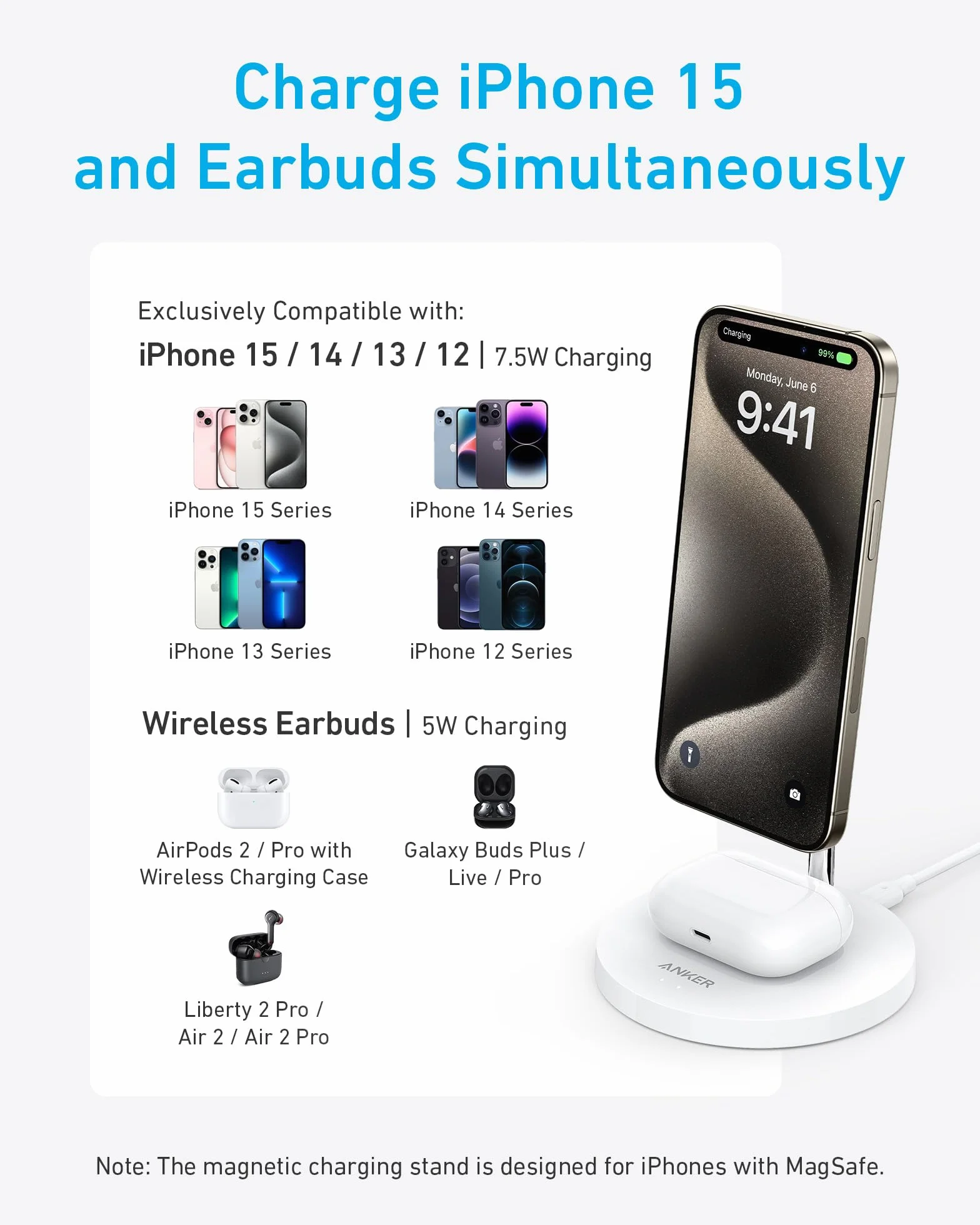 Anker PowerWave magnetyczna stacja ładująca 2 w 1, bezprzewodowa stacja ładująca, ładowarka z kablem USB C o długości 150 cm, kompatybilna z iPhone 13/13Pro/13 Pro Max/13 Mini i AirPods 2/Pro (bez zasilacza)