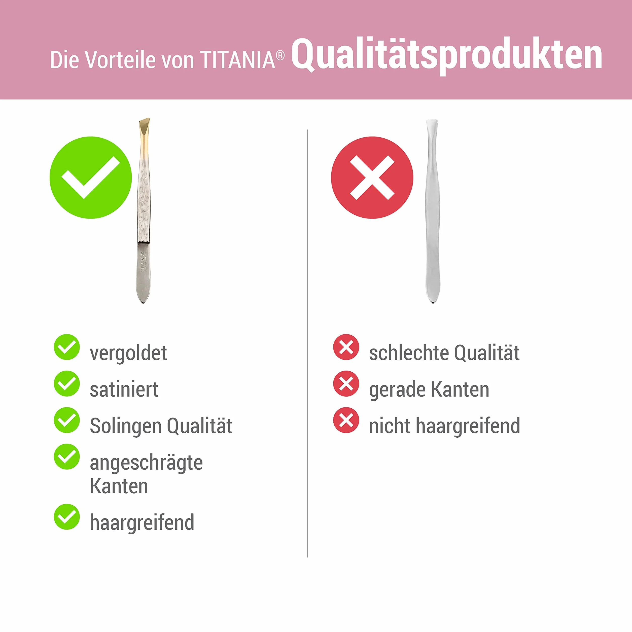 TITANIA Pęseta z Solingen (8 cm) • Made in Germany • Pęseta do brwi do wyrywania • Ścięta końcówka do precyzyjnego chwytania • pozłacana końcówka