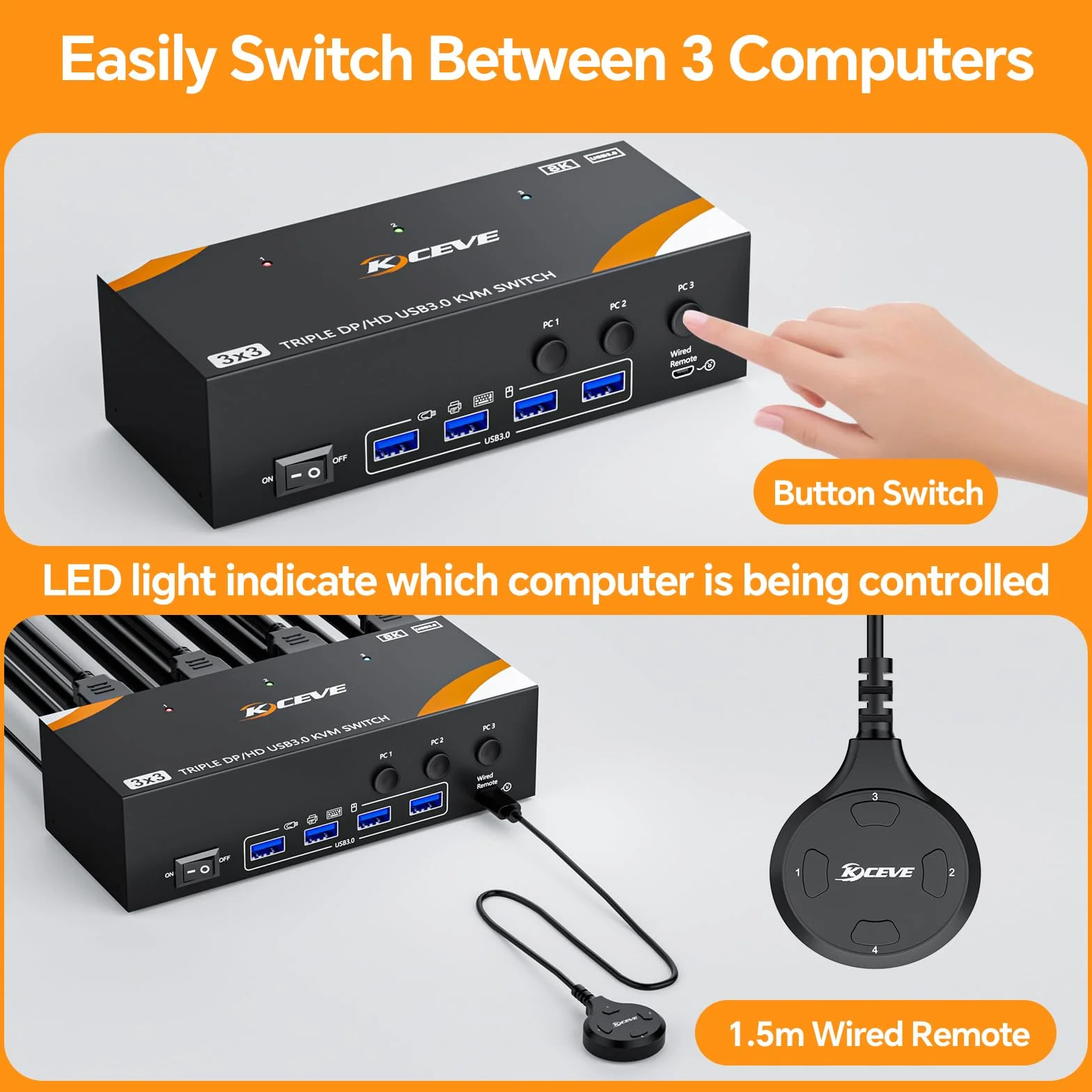 KVM Switch 3 PC 3 monitory 8K 60 Hz / 4K 144 Hz, Displayport 1.4 HDMI 2.1 USB 3.0 KVM przełącznik Triple Monitor do 3 PC części myszy, klawiatury, przewodowy pilot (8K HDMI DP 3 w 3 out