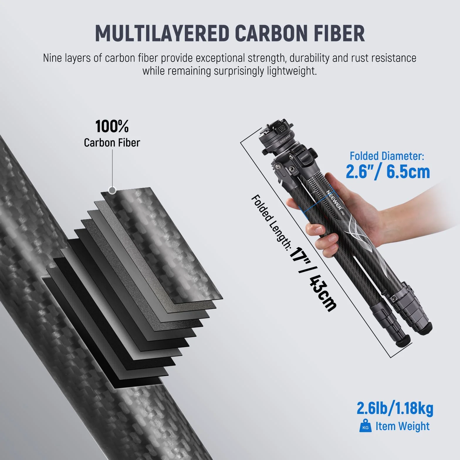 NEEWER LITETRIP LT32 157.5 cm statyw podróżny z włókna węglowego z poziomowaniem ±15°, głowica panoramiczna 360°, odłączana oś środkowa, klamra szybkiego otwierania, płyta Arca QR kompatybilna z Peak