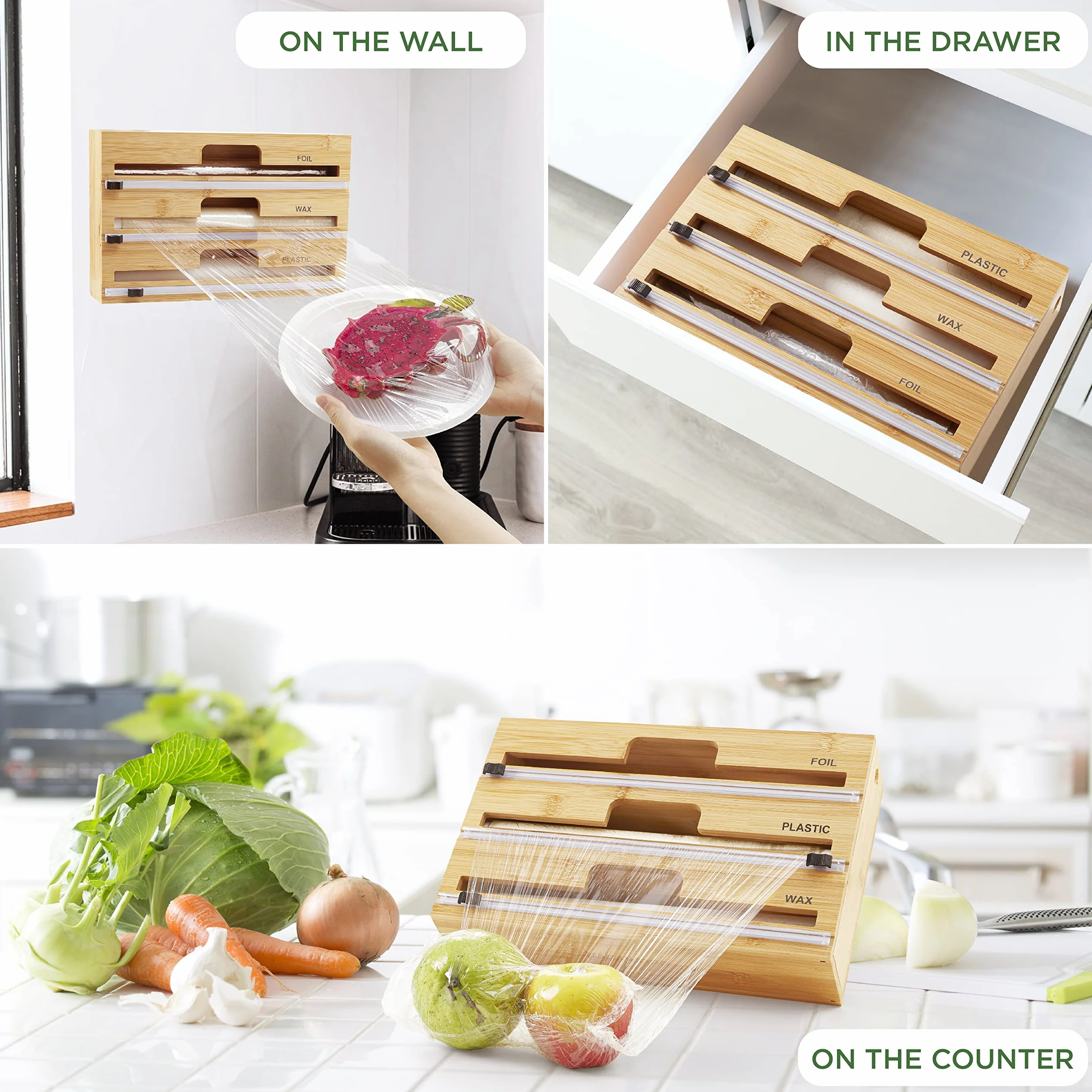Dozownik folii aluminiowej 3 w 1 uchwyt na rolkę kuchenny organizer bambusowy naturalny