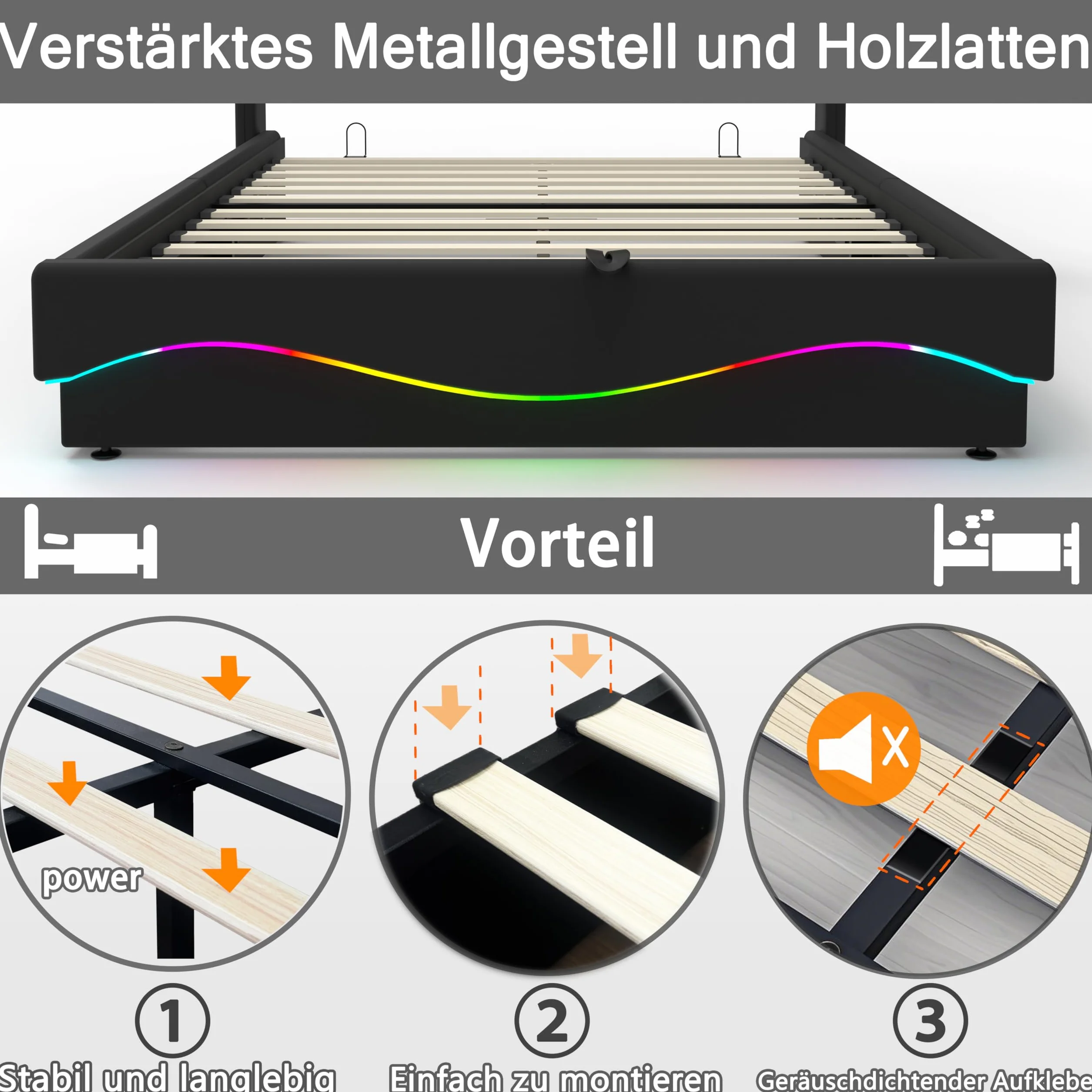 Łóżko z Pojemnością 140x200 cm LED USB/Type-C Stacja Ładowania Skóra Czarny